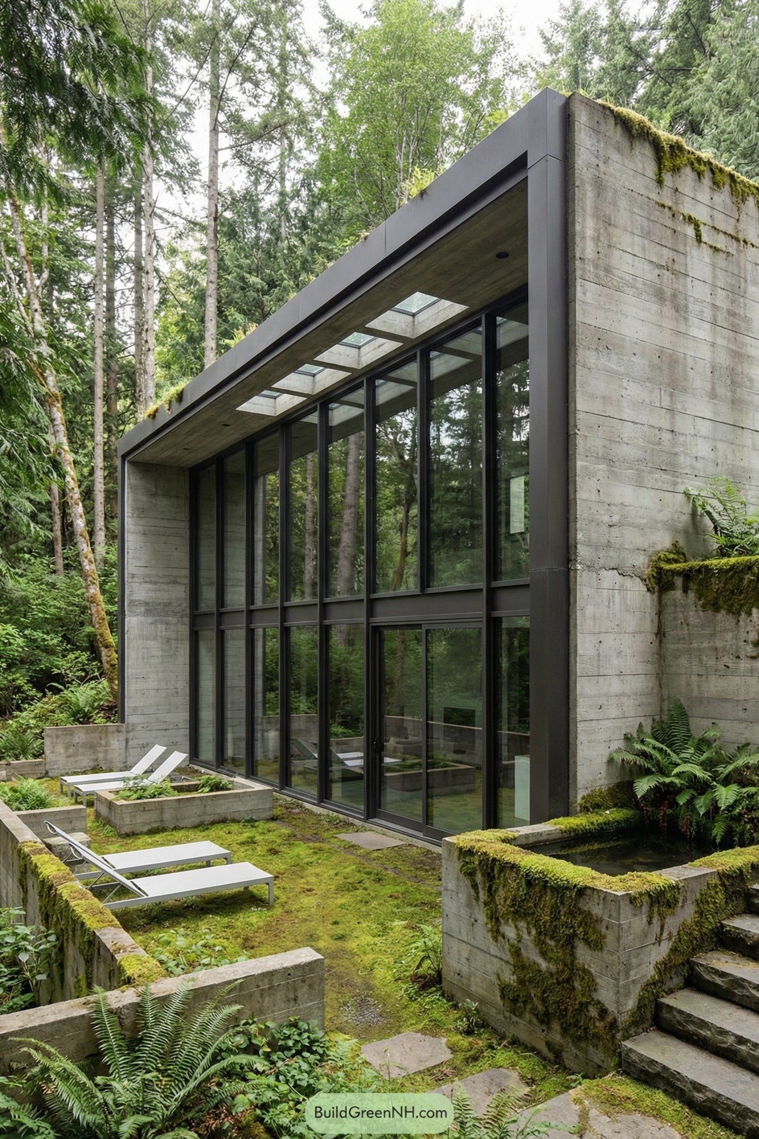 Concrete and glass house nestled in a mossy forest courtyard