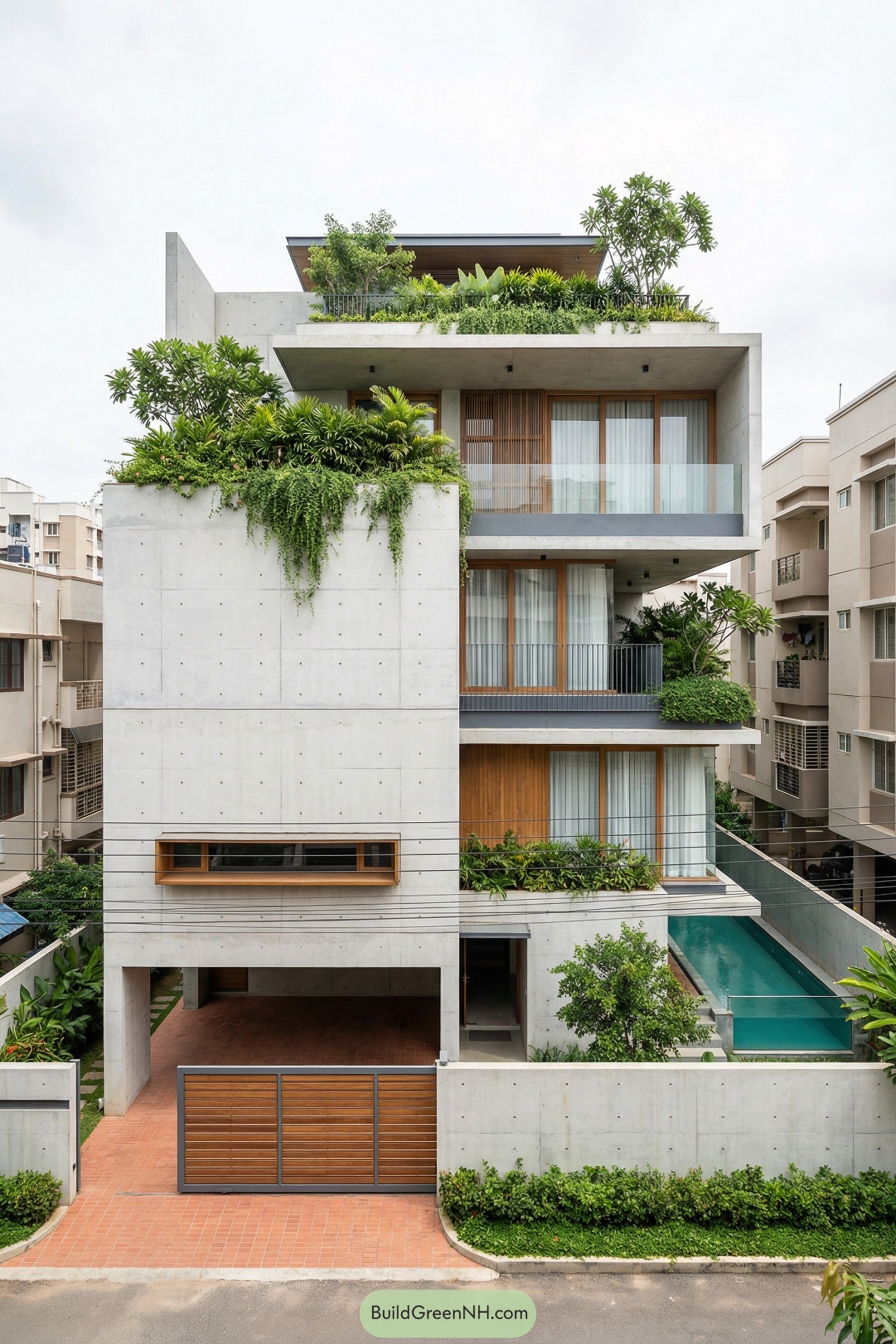 Modern concrete house with layered terraces, lush greenery, and a narrow lap pool along the side