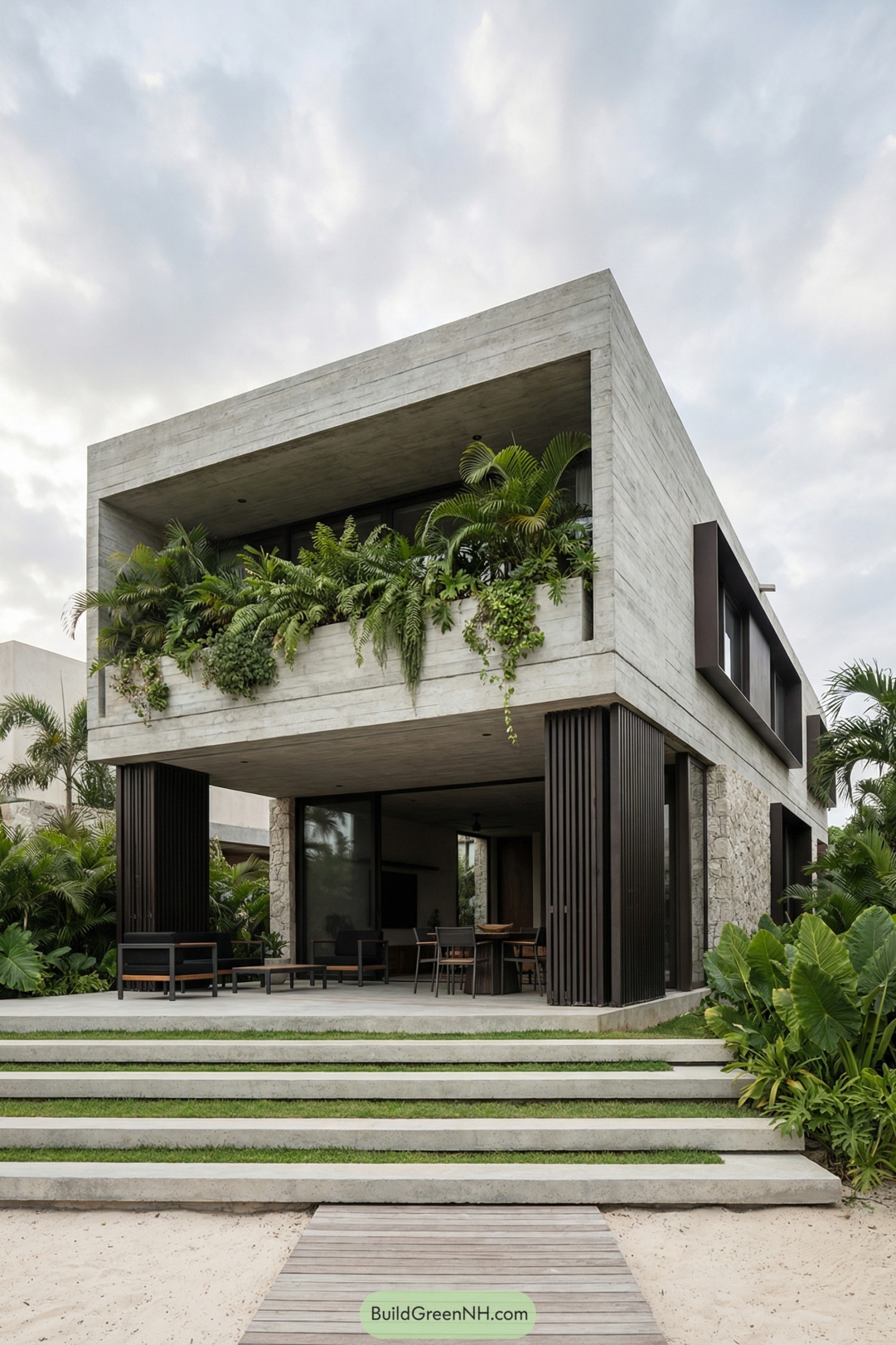 Two story concrete home with lush plants spilling from an upper terrace and open lounge spaces facing a garden
