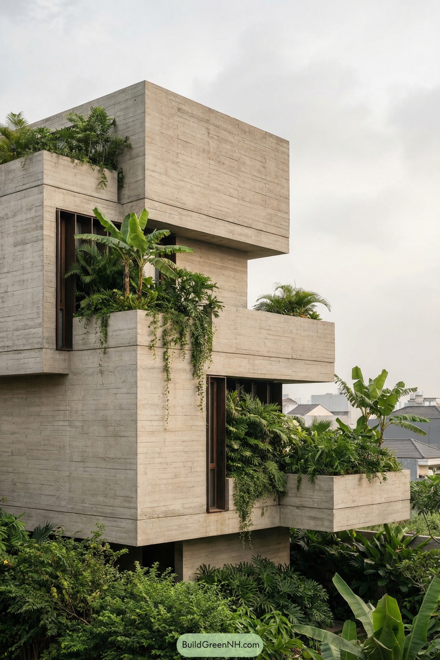 Concrete house with layered terraces packed with lush tropical plants