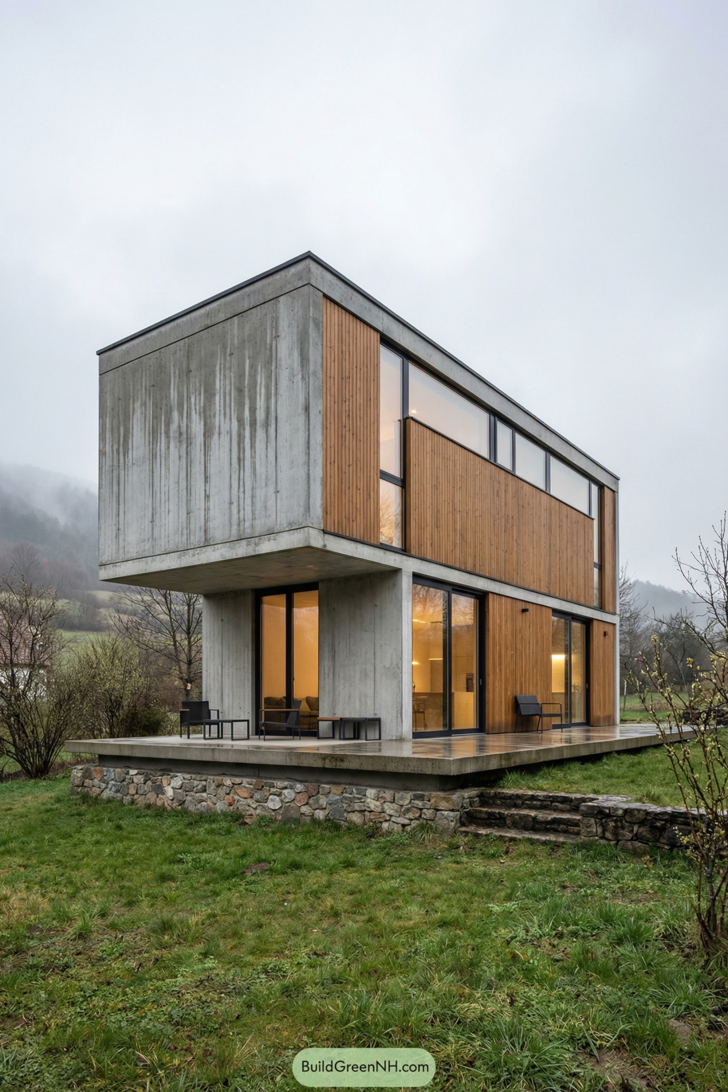 Two story concrete and wood house with large windows set on a grassy rural landscape