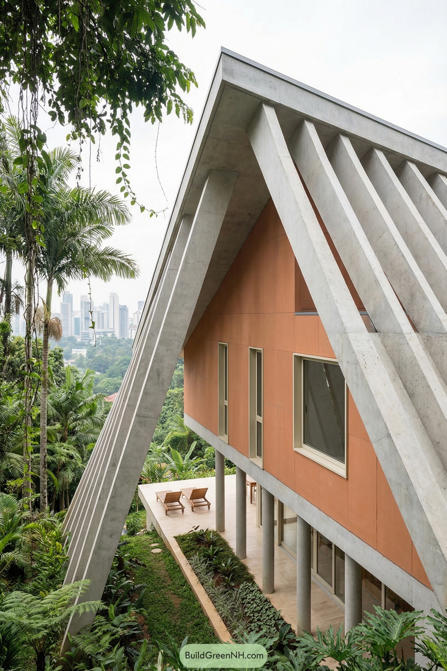 Concrete framed tropical house with steep sloping supports and orange facade overlooking a lush city valley