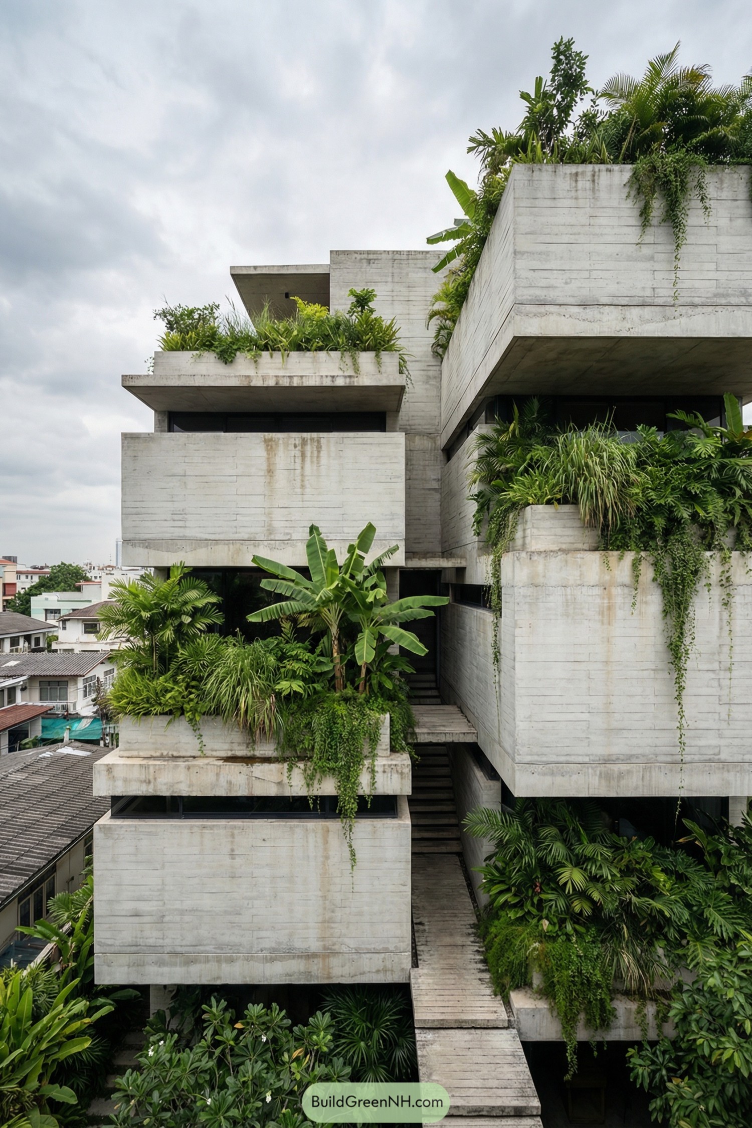 Multi level concrete house with dense tropical planting on stacked terraces