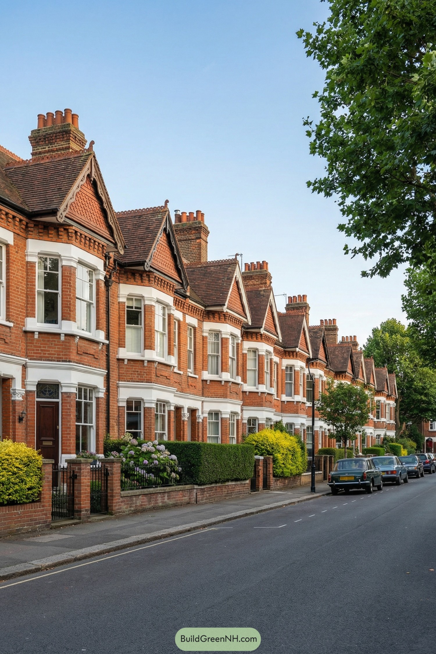Row of redbrick gabled English townhouses with white trim, bay windows, and small front gardens along a quiet street