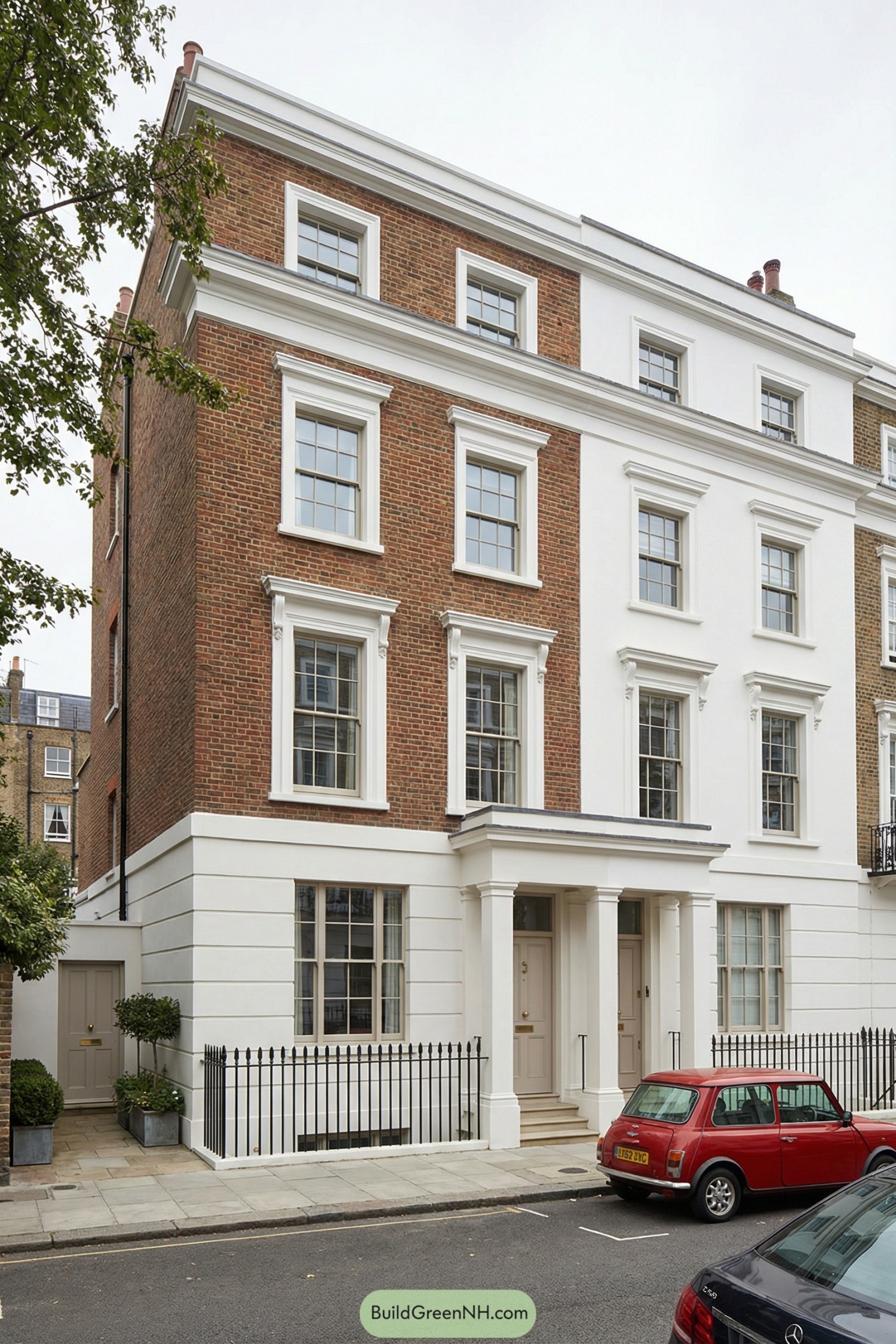 Four-story London townhouse with red brick, white stucco detailing, and classic sash windows