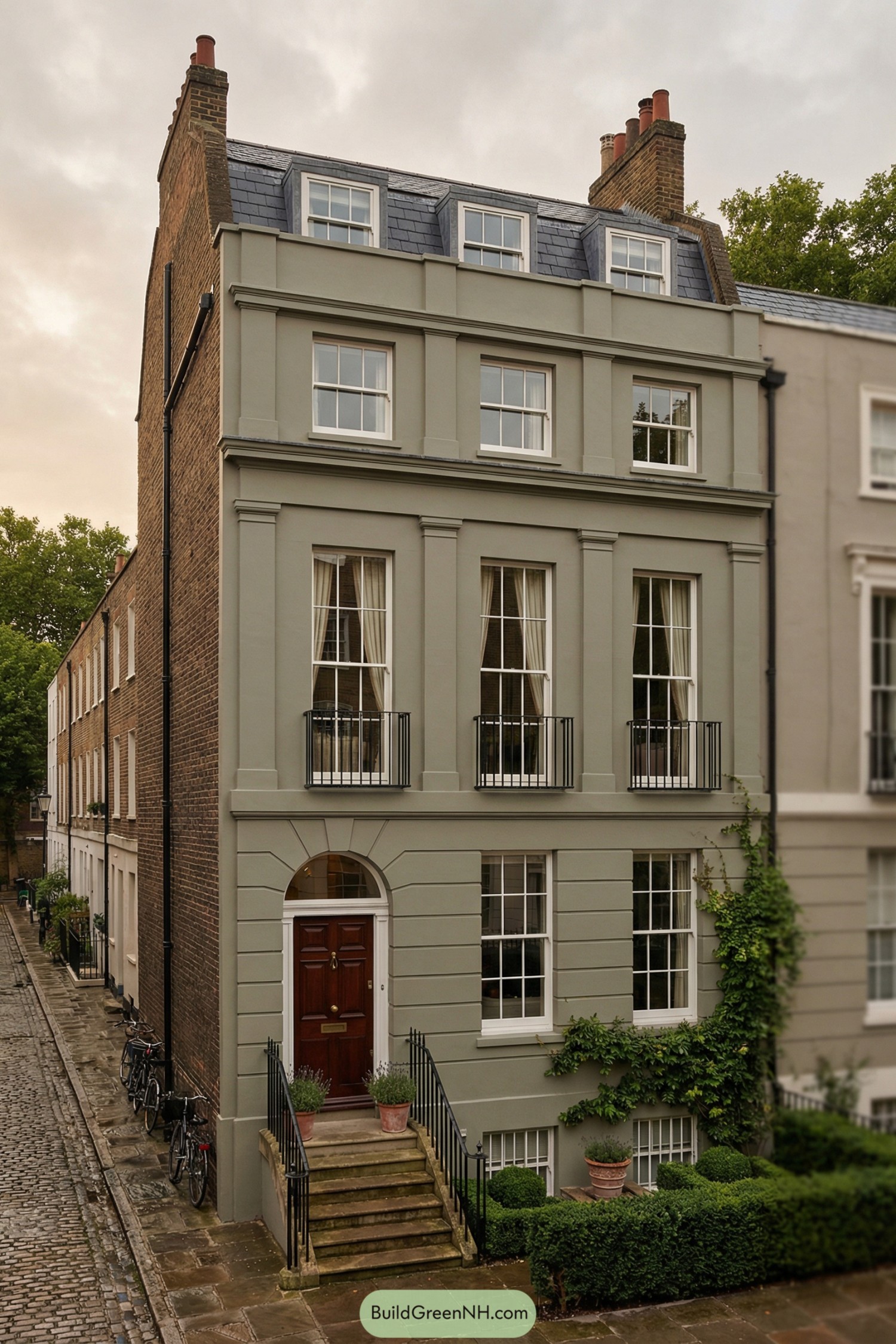 Sage-painted four-story English townhouse with mansard roof, tall sash windows, and a formal stoop