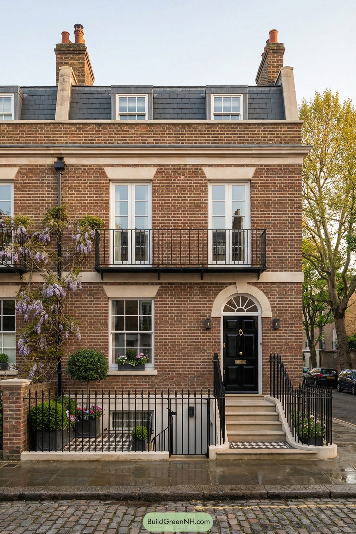 Elegant brick townhouse with wrought iron balcony, arched black door, and climbing wisteria on a city street