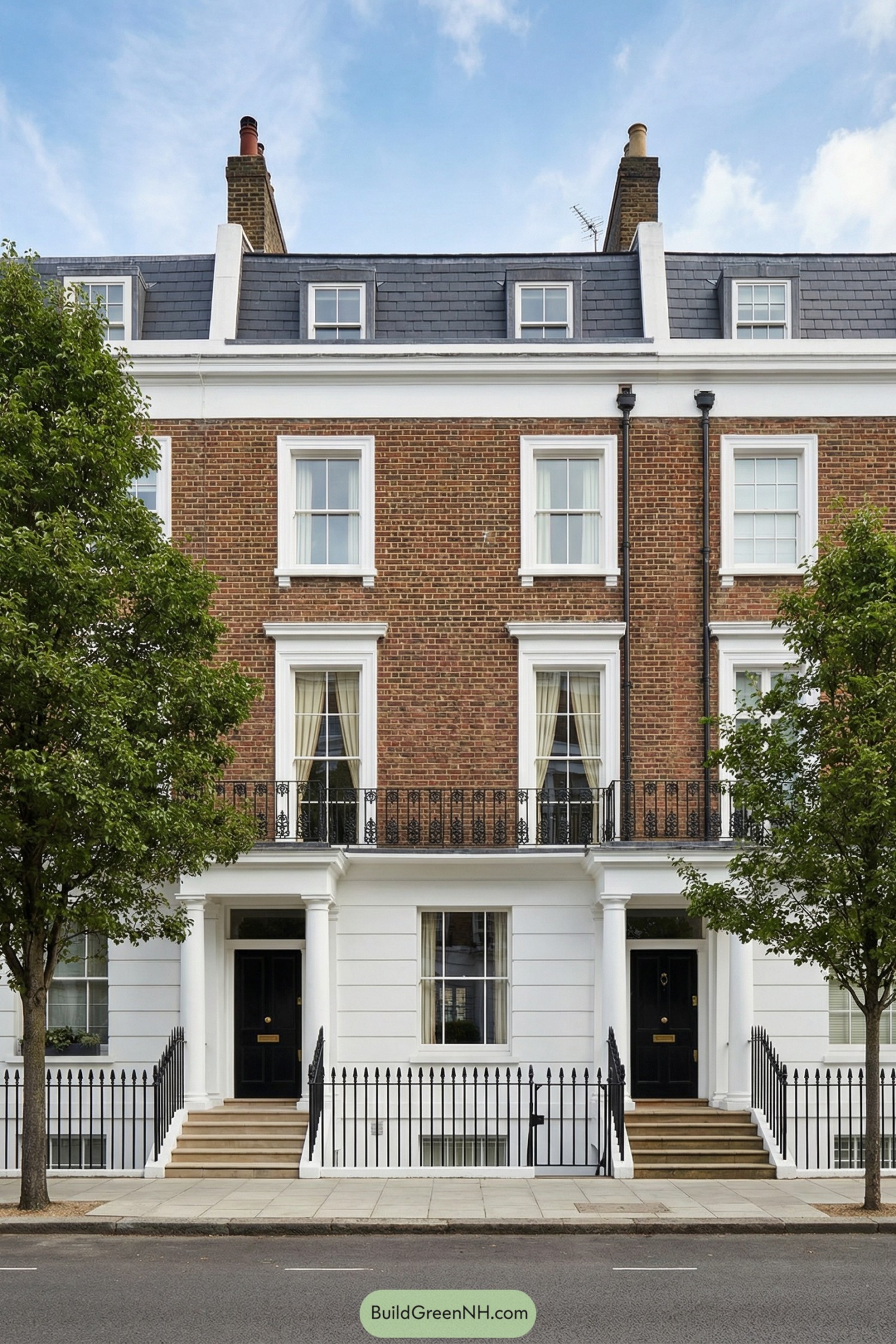 Tall brick-fronted townhouse with white pilasters, iron railings, and mansard roof along a London street
