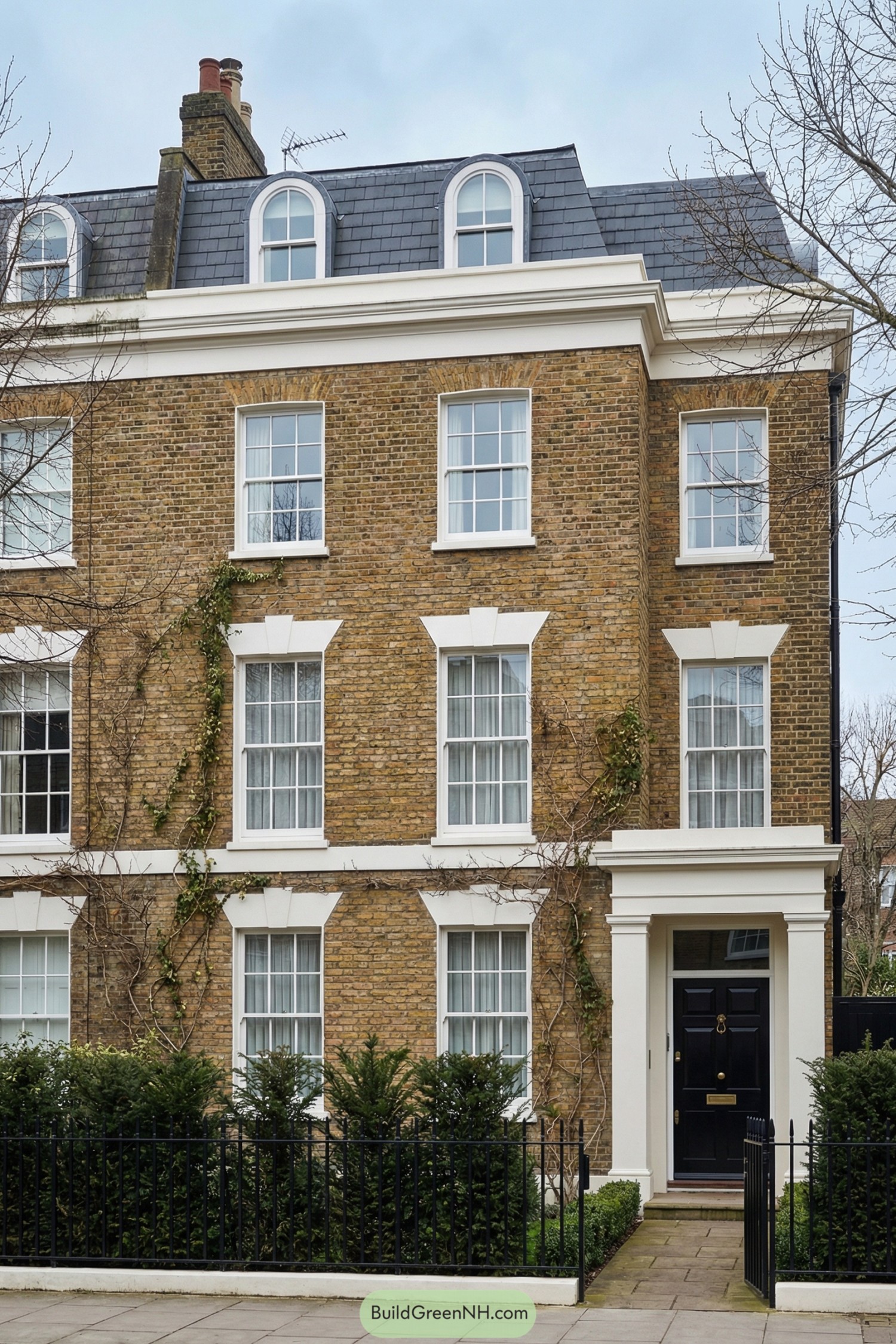 Traditional brick townhouse with white trim and mansard roof