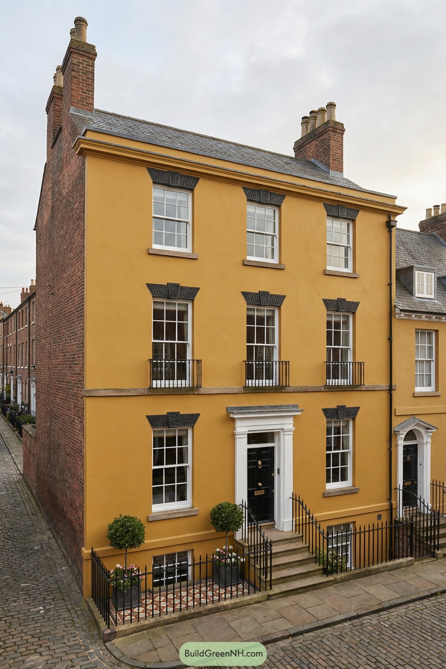 Three-story ochre Georgian-style townhouse with black door, white trim, and iron railings on a cobbled street