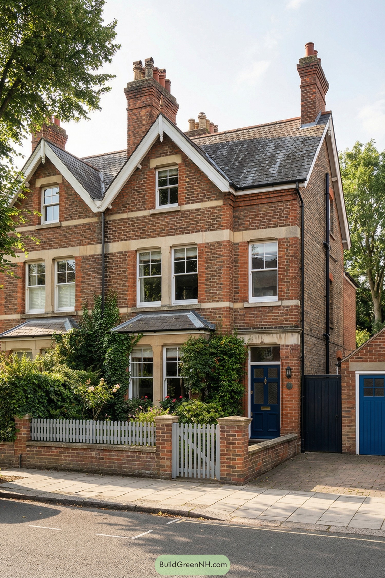 Redbrick gabled English townhouse with blue door, slate roof, and leafy front garden