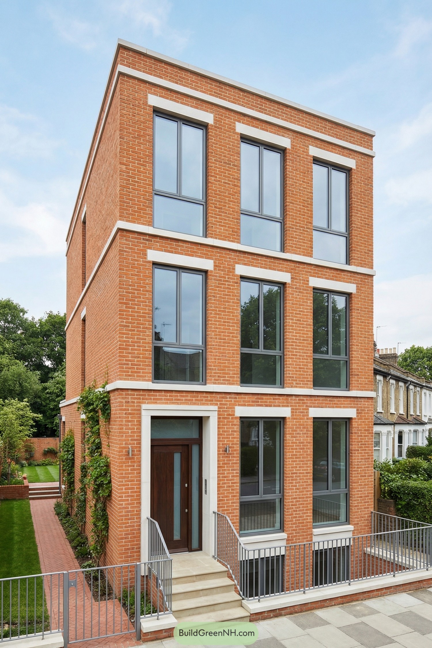 Contemporary three-story brick townhouse with large windows
