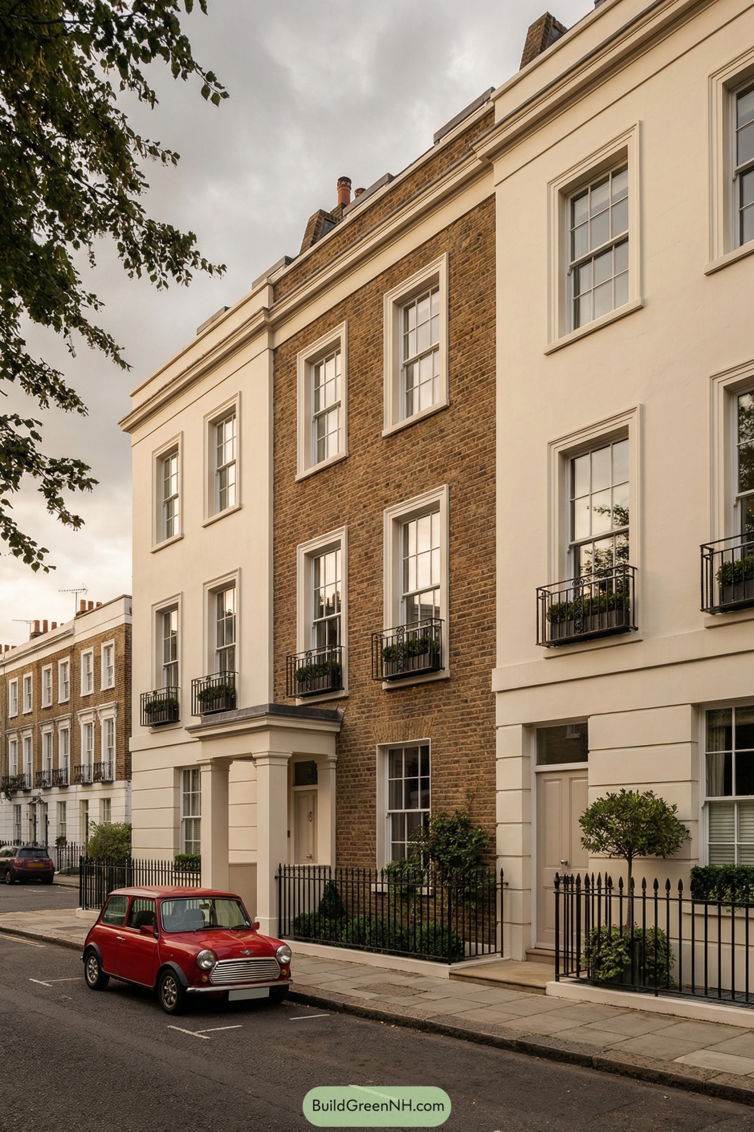 Elegant brick and cream-façade London townhouse with tall sash windows and iron railings
