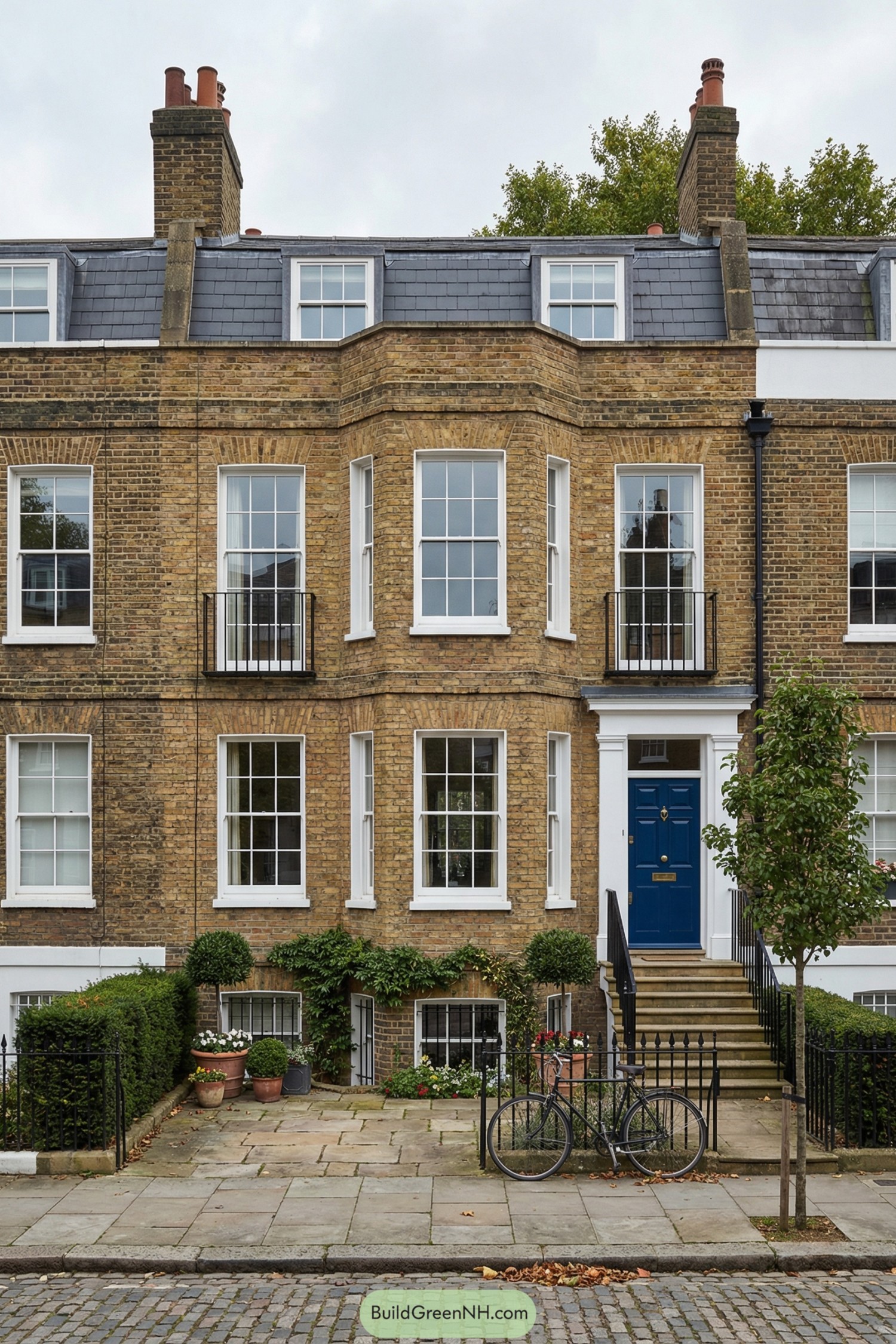 Traditional brick English townhouse with bay windows, blue front door, and small front garden