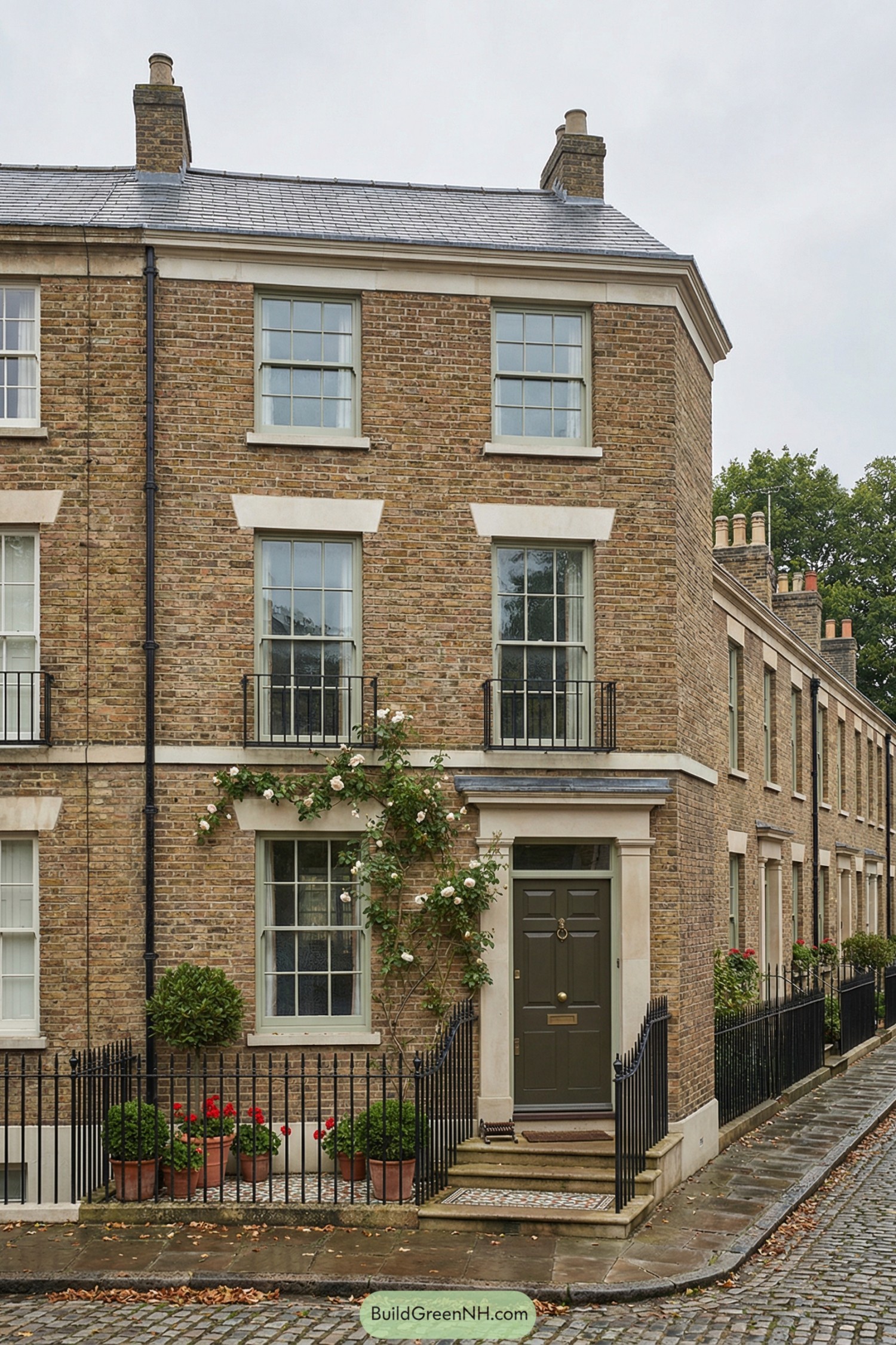 Traditional brick townhouse with sash windows, black railings, and climbing roses around the entrance