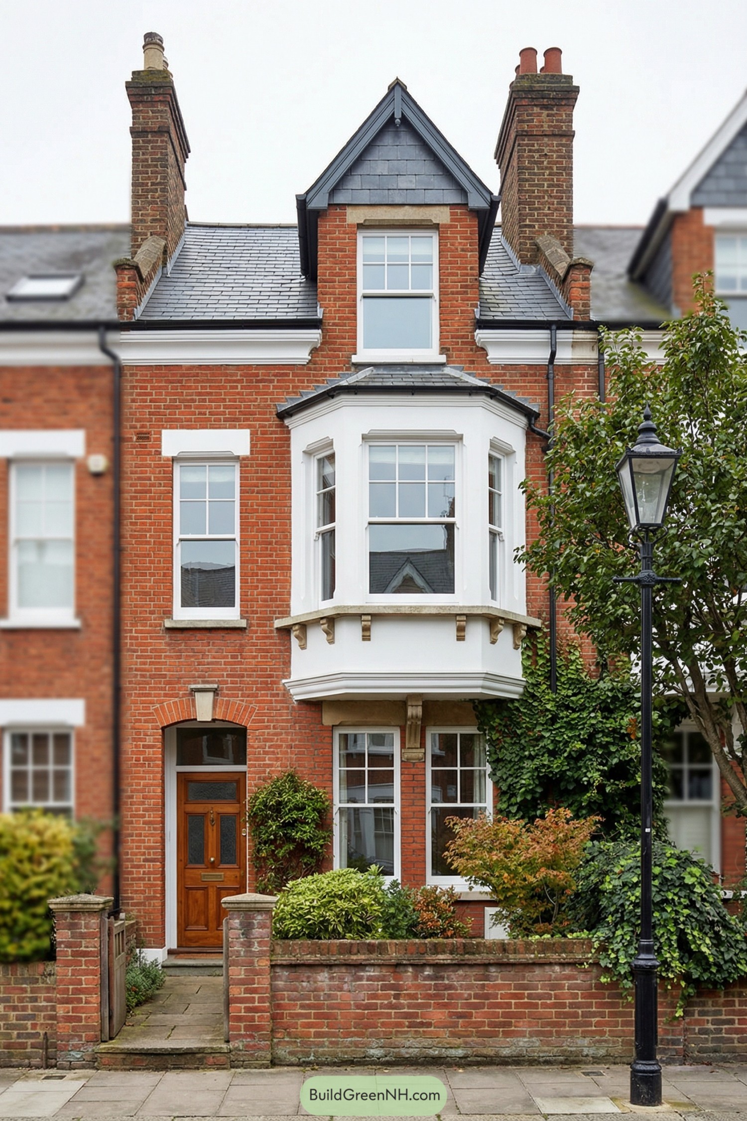 Red brick English townhouse with slate roof, white bay window, and small front garden behind a low wall