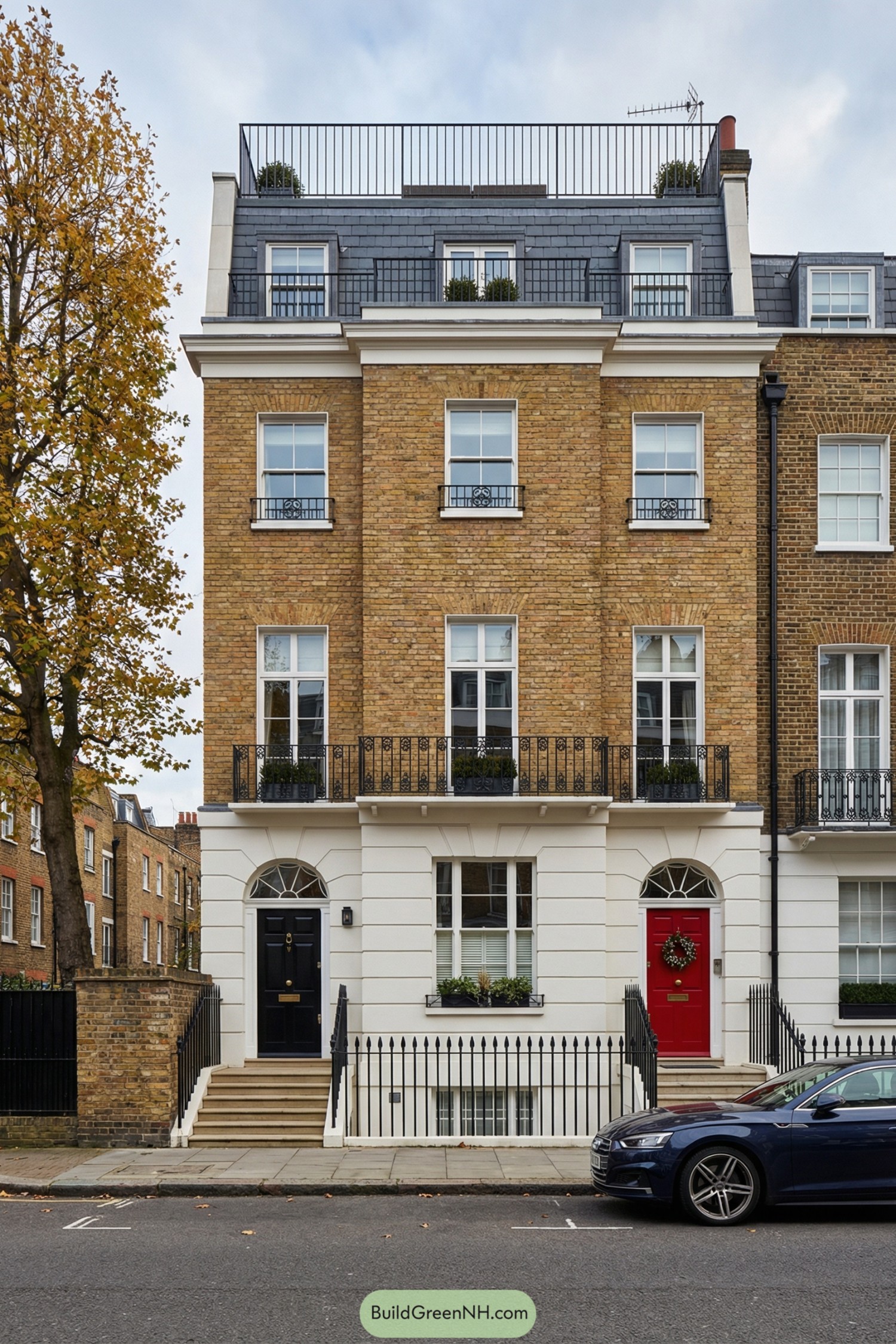 Four-story brick townhouse with white base, black and red doors, and roof terrace
