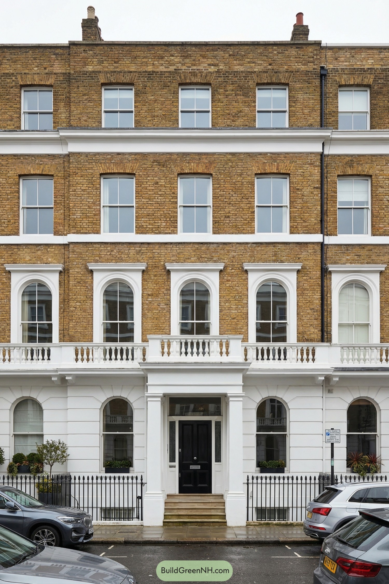 Elegant four-story brick townhouse with white stucco base, arched windows, and balustraded balcony over a columned entrance