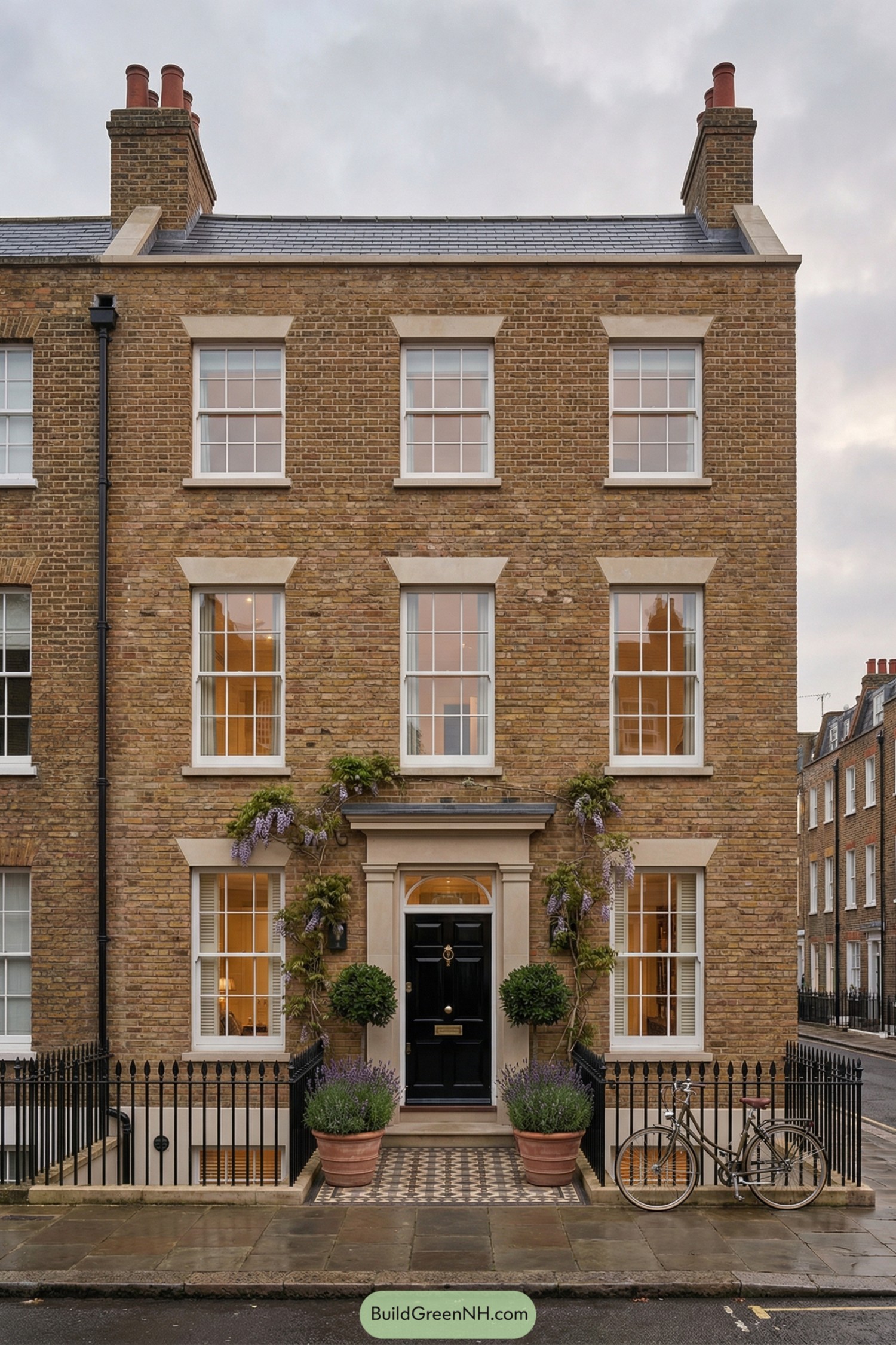 Three-story brick townhouse with black door, railings, and wisteria framing the entrance