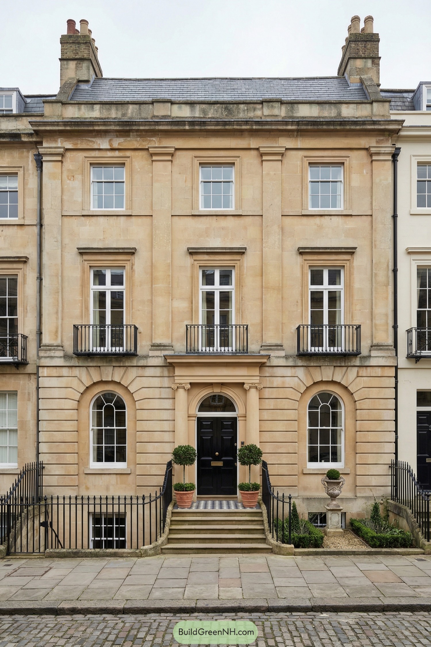 Symmetrical sandstone townhouse with arched doorway and tall sash windows