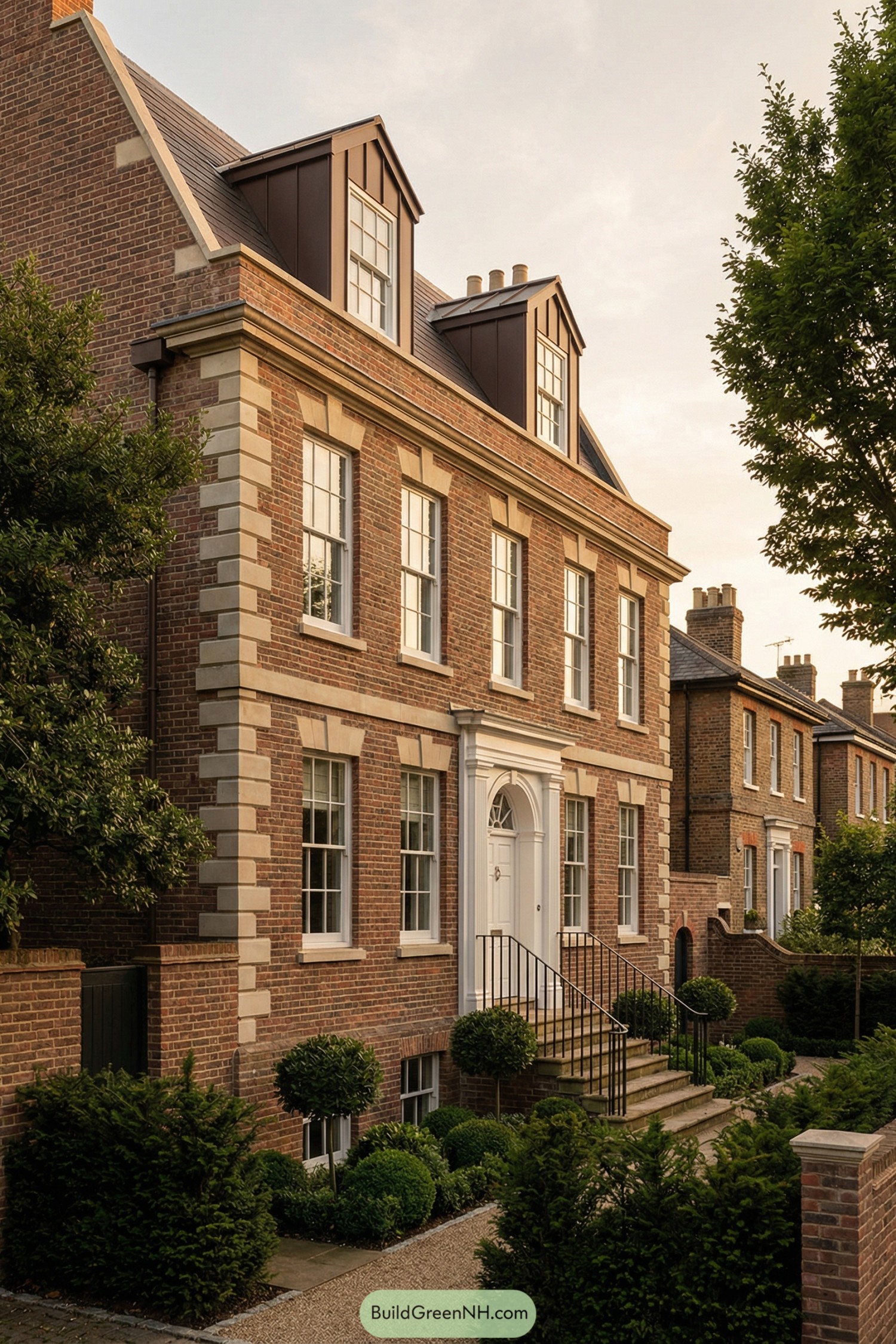 Redbrick English townhouse with tall sash windows, white doorway, and dormer-topped roof along a landscaped street