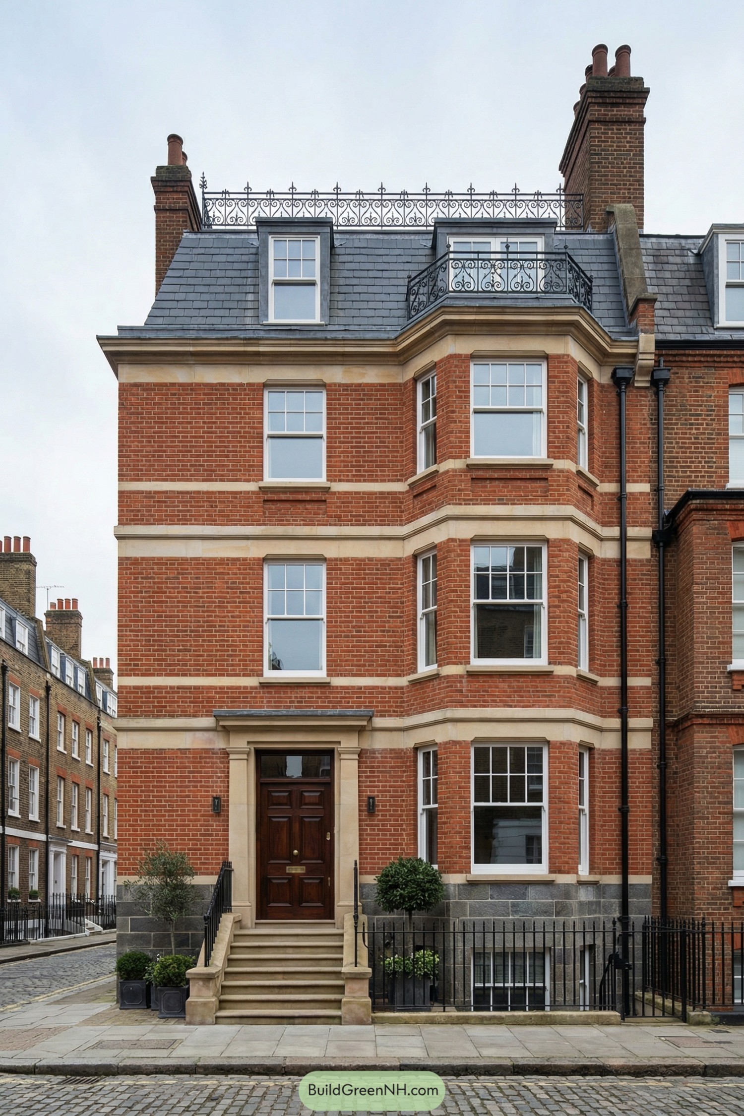 Red brick London townhouse with stone detailing, bay windows, mansard roof, and decorative iron roof terrace