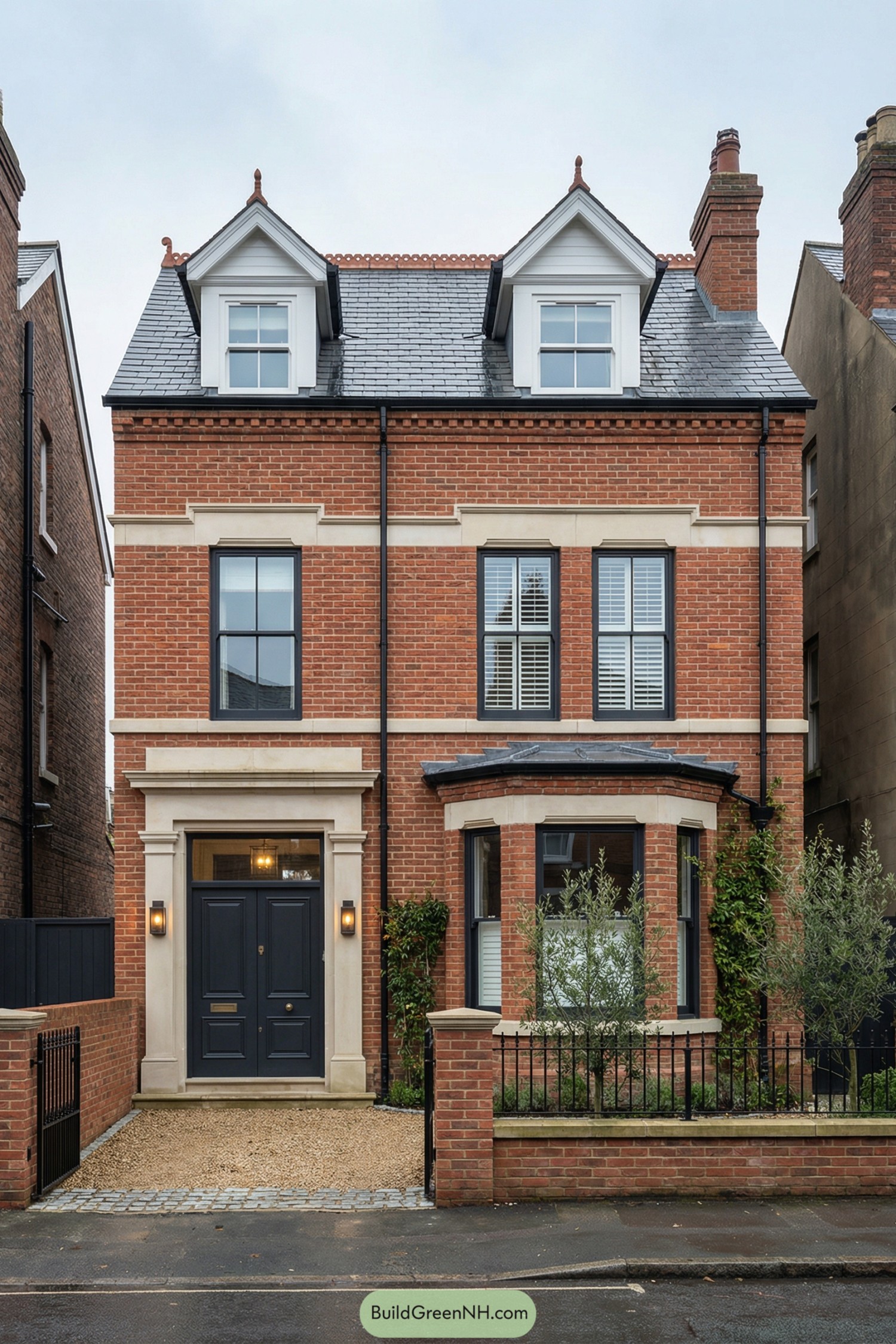 high-res photo of english townhouse, tall narrow three-storey late-Victorian red-brick facade with symmetrical upper levels, warm red brickwork with pale off-white stone lintels, keystones, and sills forming strong horizontal bands, subtle brick cornice below roofline; mainly muted red, off-white trim and details, dark charcoal-black painted woodwork, grey slate and gravel tones; rectangular vertical structure with flat front plane, slight projection of ground-floor bay to the right and deep recessed entrance bay to the left; traditional clay brick walls, smooth painted timber elements, stone detailing, black metal rainwater goods; steep slate roof with three front-facing dormers, each with white-painted cheeks and pedimented gable tops, decorative terracotta ridge tiles and finials along the roof peak, brick chimney stack on the right; tall vertical sash windows with white-painted frames and plantation shutters, paired sash on first floor right with ornate pilasters and entablature, single sash on first floor left with simpler trim, matching smaller sash dormer windows on top floor; grand dark charcoal entrance door set in a classical portal, double doors with decorative frosted glass panels, heavy moulded frame with pilasters and entablature, small wall lanterns flanking the doorway, warm light glow from transom area above; compact front outdoor area with narrow gravel driveway on the left edged in stone setts, low mixed yellow and red brick boundary wall on the right with black metal railing and gate, slender black streetlamp on pavement in front; planted strip behind the wall with tall, thin leafy shrubs and climbing plants near the bay window, dense evergreen hedge lining the left side passage; surrounding background of adjacent taller, darker-rendered townhouse on the left and partial view of another brick house on the right, bare winter trees visible behind the houses under an overcast pale grey sky, quiet residential street foreground with wet-looking asphalt; real-life photo, high-resolution, architectural photography, soft lighting, cinematic composition.