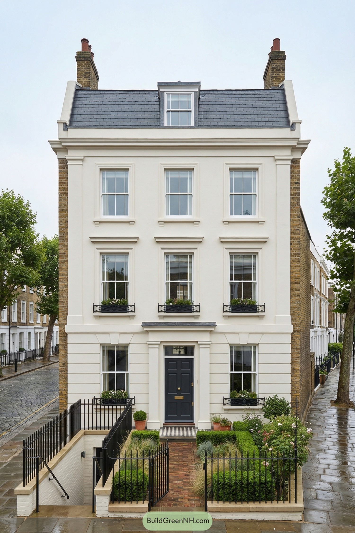 Elegant three-story cream townhouse with black door, slate roof, and manicured front garden behind iron railings
