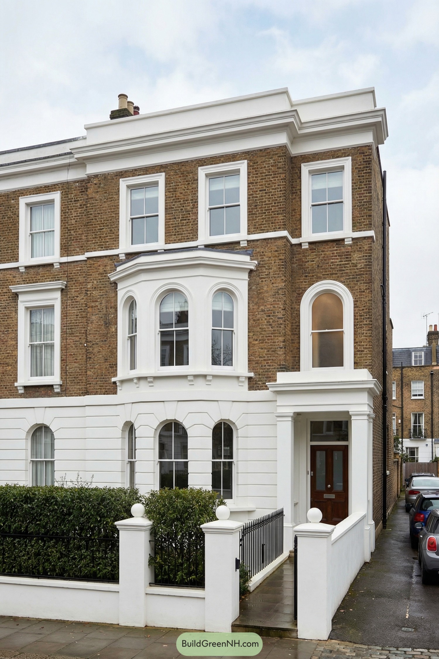 Three-story brick townhouse with white stucco detailing and arched windows