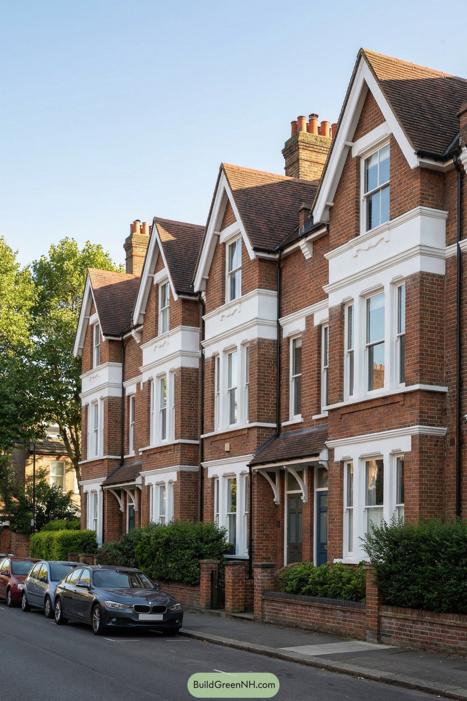 Row of tall redbrick English townhouses with white trim and steep gabled roofs