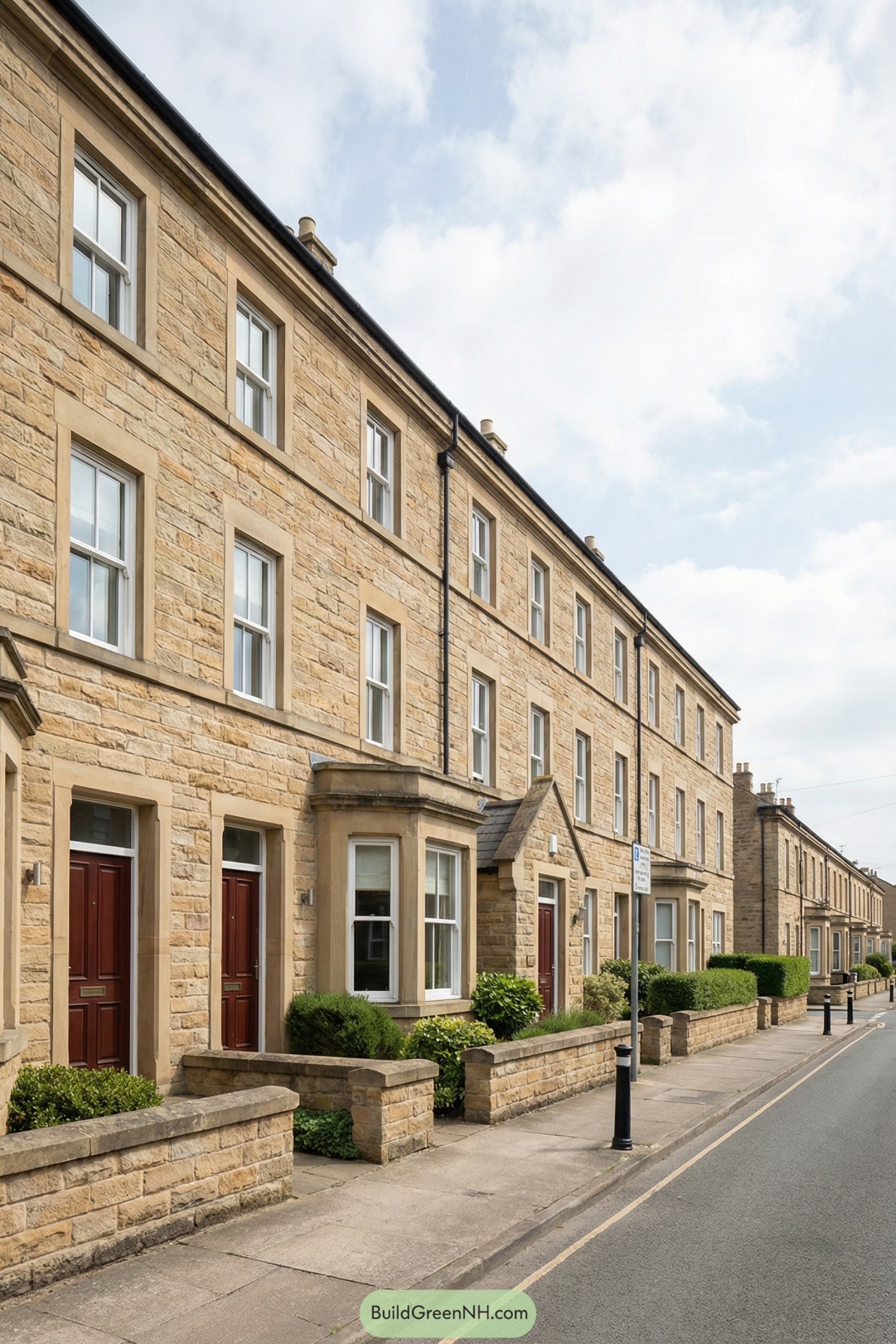 Row of traditional sandstone English townhouses