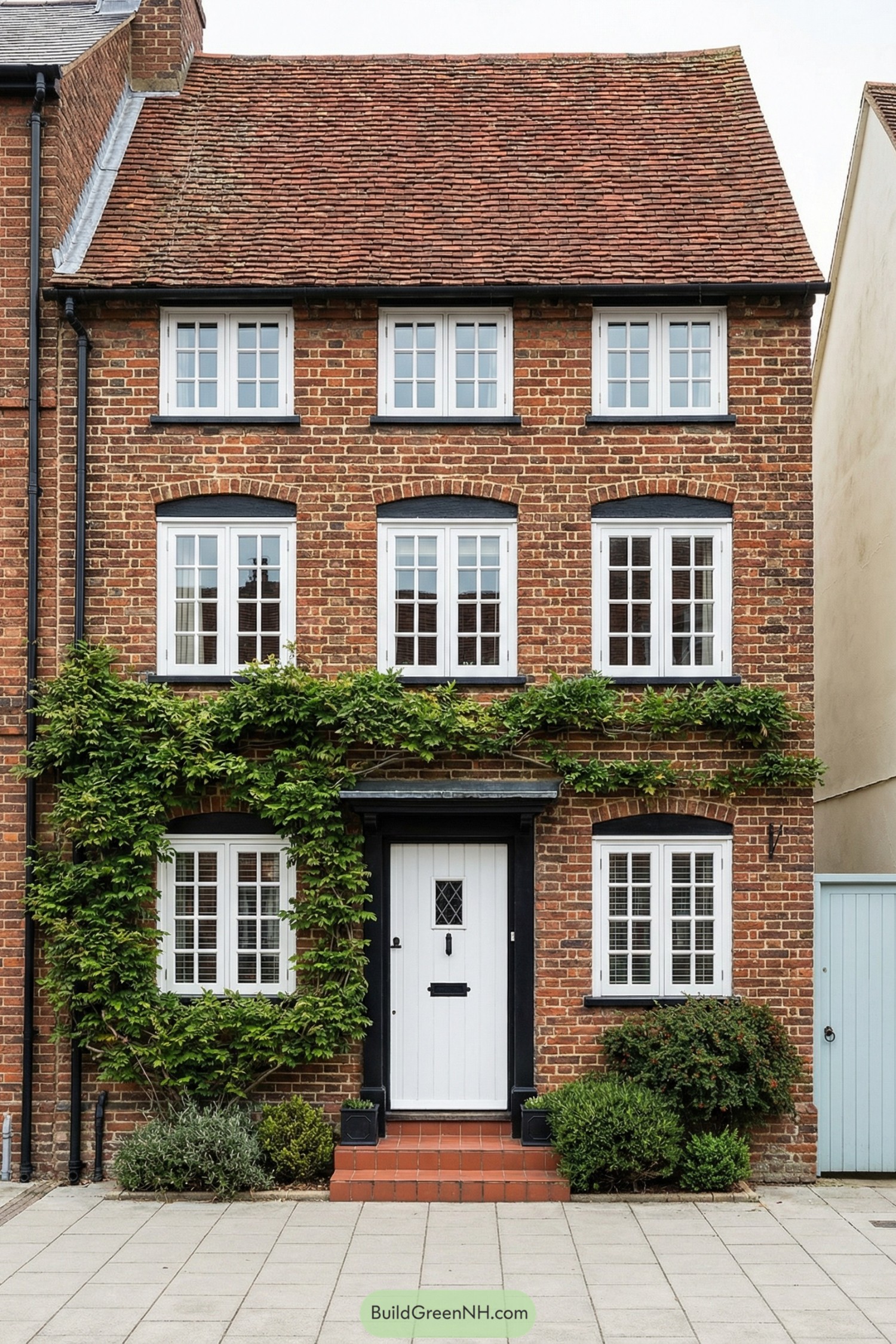 Red brick three-story townhouse with white windows, climbing greenery, and a central white front door