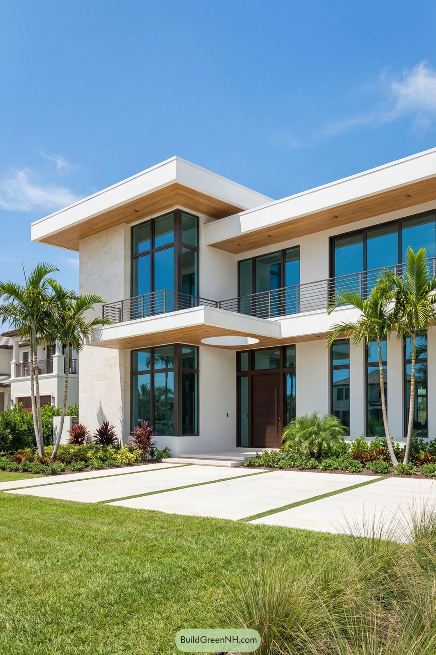 White two story modern house with tall glass windows flat roofs and tropical landscaping