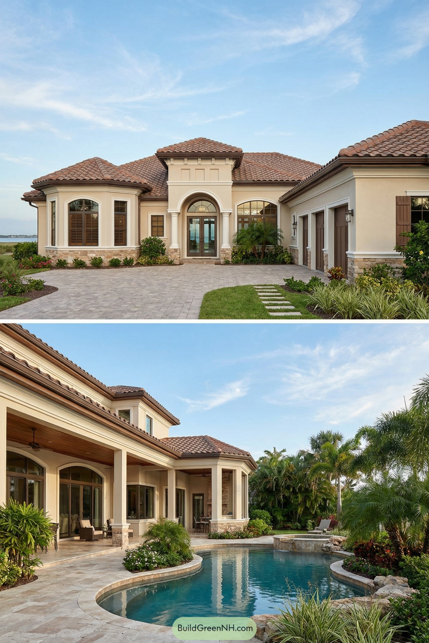 Mediterranean-style Florida home with tiled roof and curving backyard pool