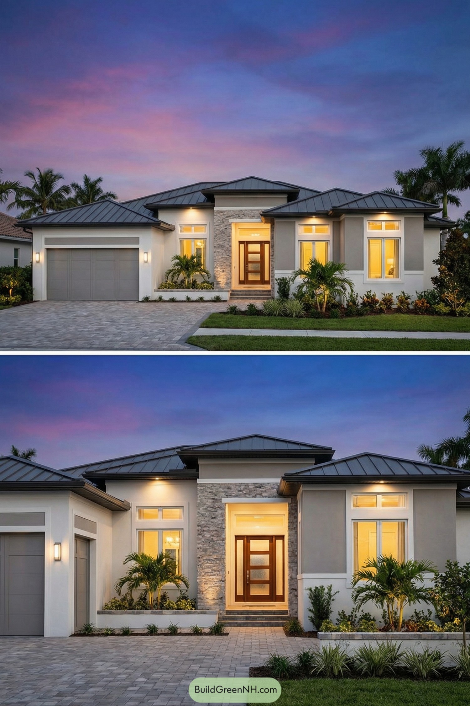 Modern single-story Florida home with stone entry, metal roof, and glowing windows at dusk