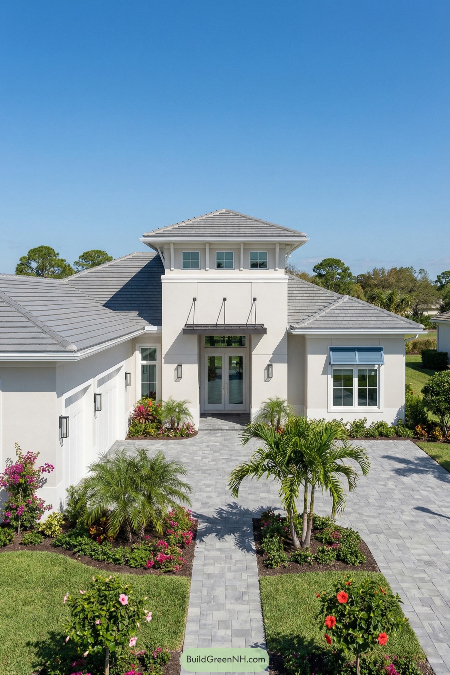 high-res photo of florida house, contemporary coastal facade with clean lines and symmetrical front, light warm-white stucco walls with minimal trim, low horizontal massing with a taller central entry volume and two flanking single-story wings, smooth stucco and subtle recessed panels as primary materials with dark metal accents, low-pitch hip roof in medium-cool gray concrete tiles with crisp eaves, large rectangular windows with white frames and blue canvas awnings on the right wing and clerestory windows above the entry, full-height double glass entry doors with dark wood or metal frame beneath a simple flat canopy, left wing with integrated two-car garage featuring white paneled doors and modern wall sconces, wide gray stone paver driveway and straight paver walkway leading to the entry, lush tropical landscaping with manicured green lawn, curved planting beds, colorful flowers, and several medium-height palms, background with low tropical shrubs and distant trees under clear bright blue sky, overall setting clean, sunny, and picture-worthy suburban florida neighborhood, real-life photo, high-resolution, architectural photography, soft lighting, cinematic composition.