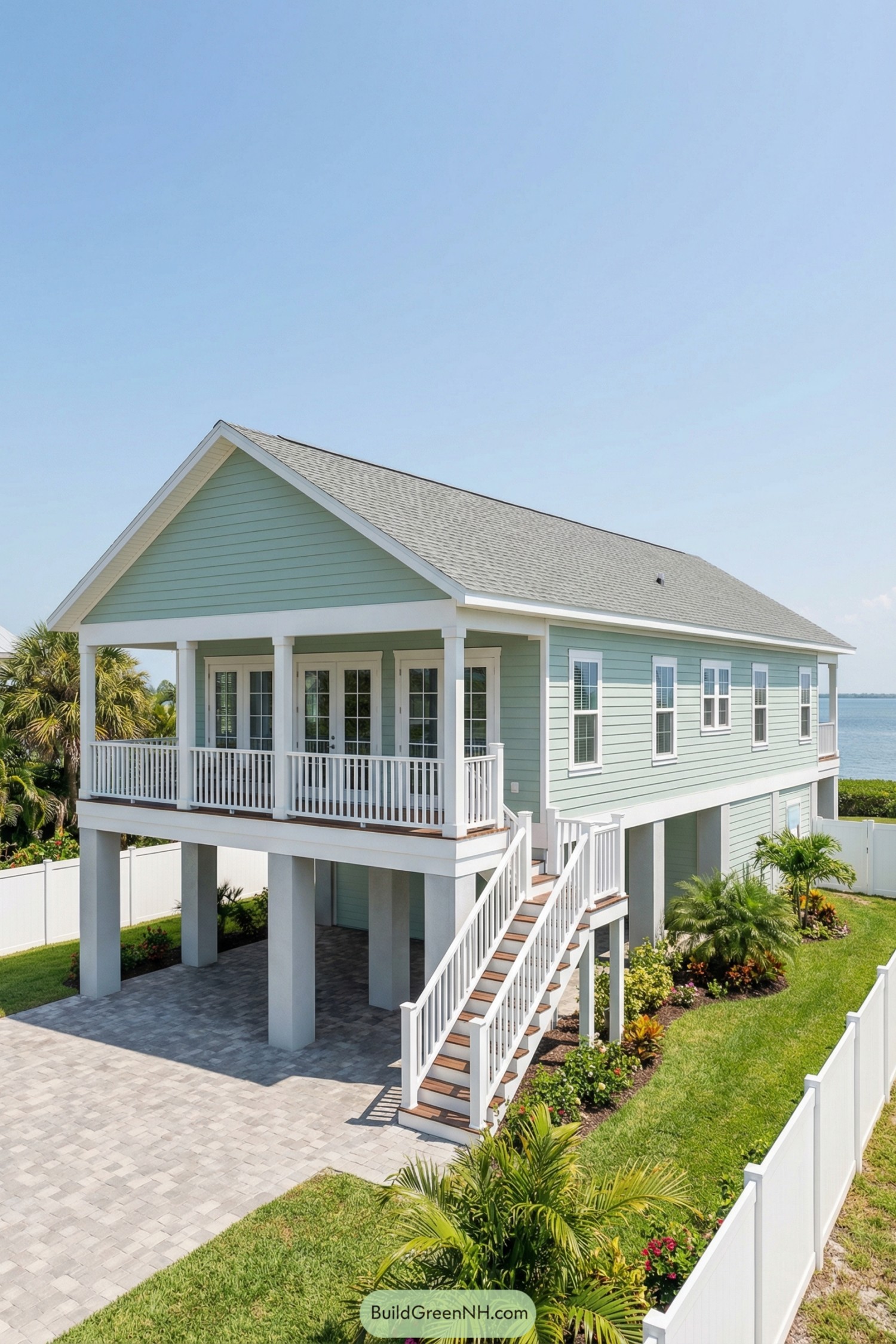 Elevated pastel-green coastal house with wide front porch and exterior staircase
