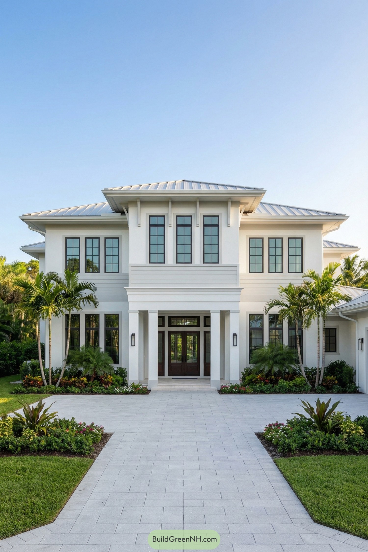 White two-story coastal house with metal roof, tall windows, and palm-lined entry drive