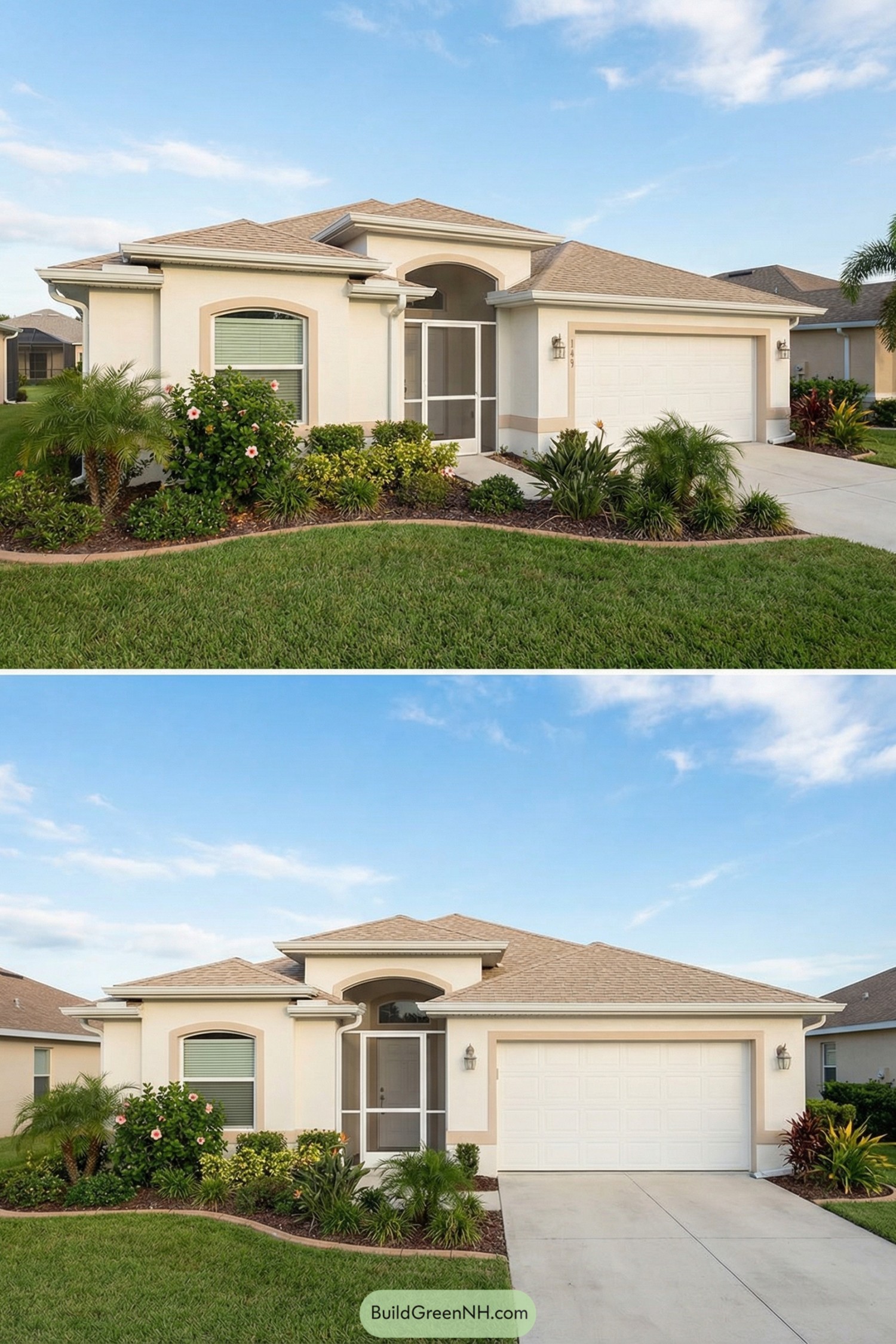 Single story Florida home with arched entry and lush front landscaping