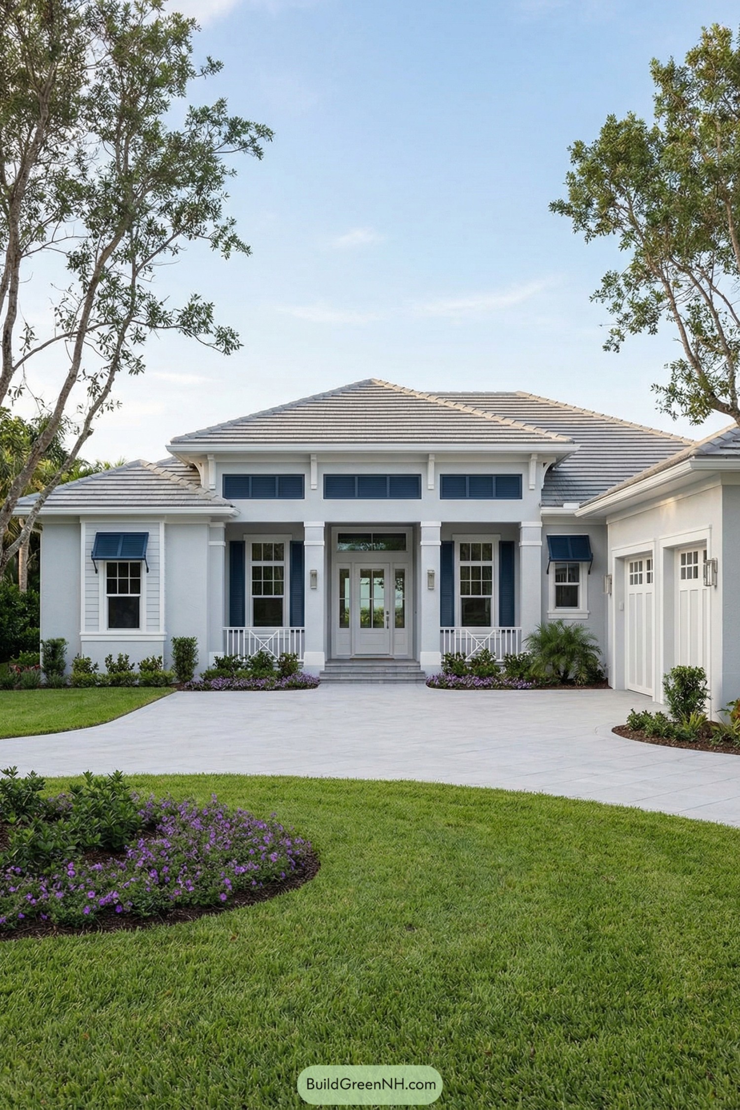 Single-story coastal home with blue shutters, wide front walk, and manicured lawn