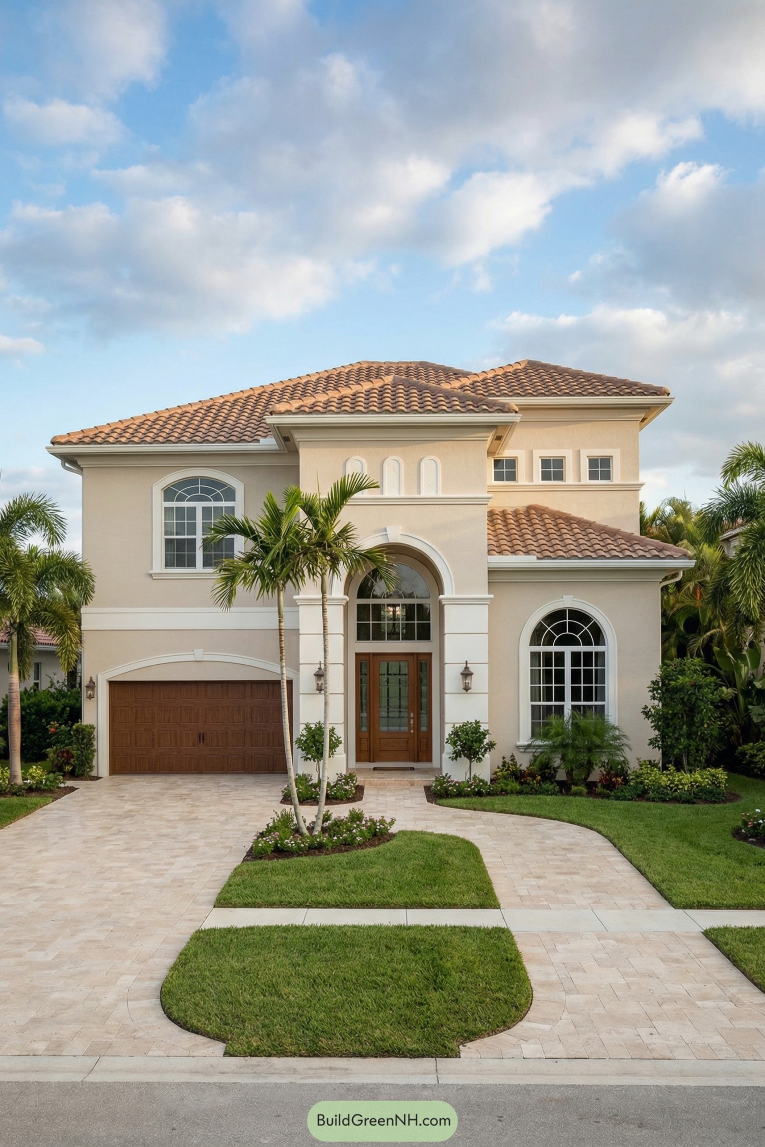 Cream stucco Florida house with tall arched entry, tile roof, and palm-framed driveway