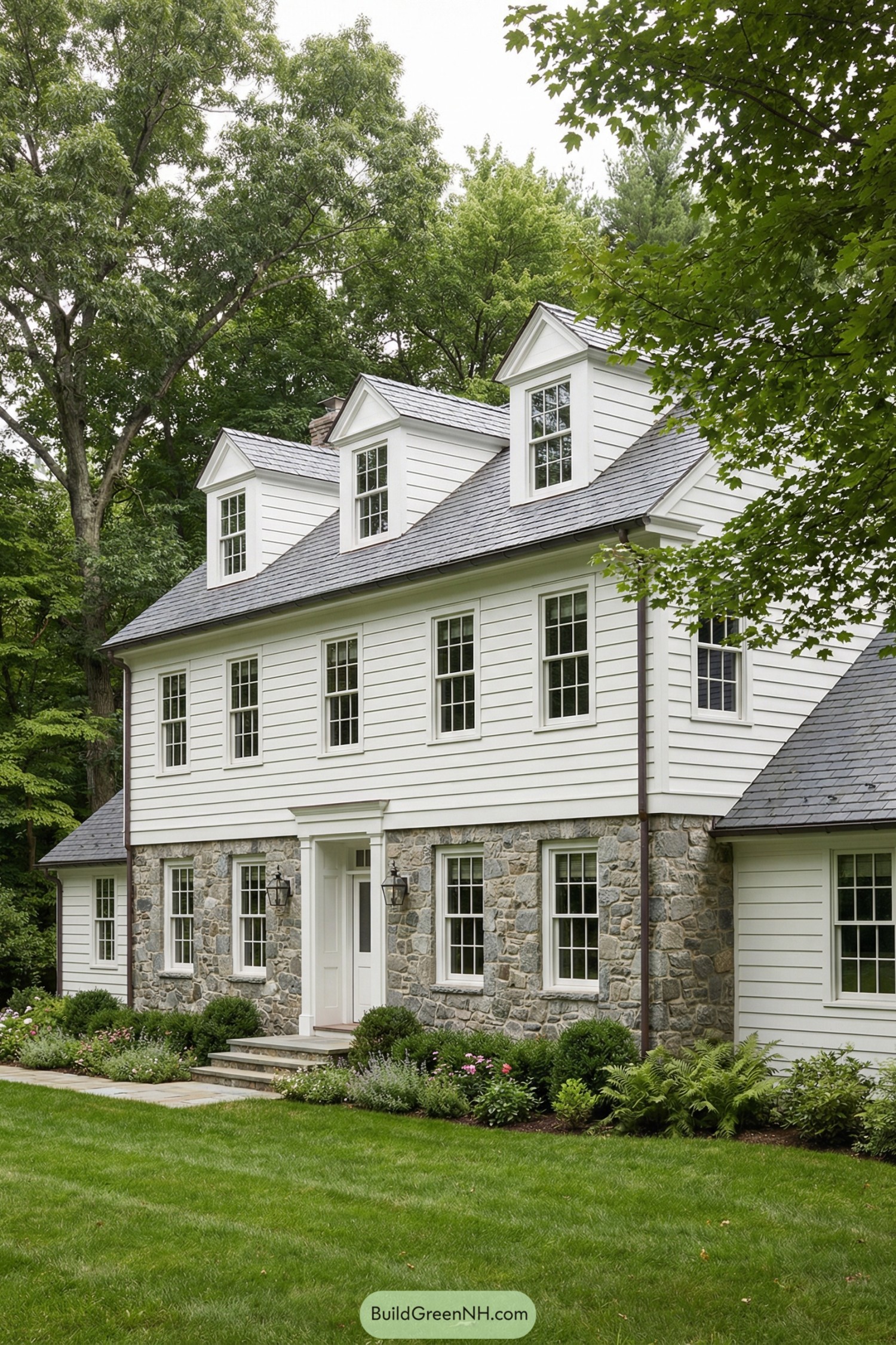 White garrison colonial home with stone first level and dormer windows surrounded by lush greenery