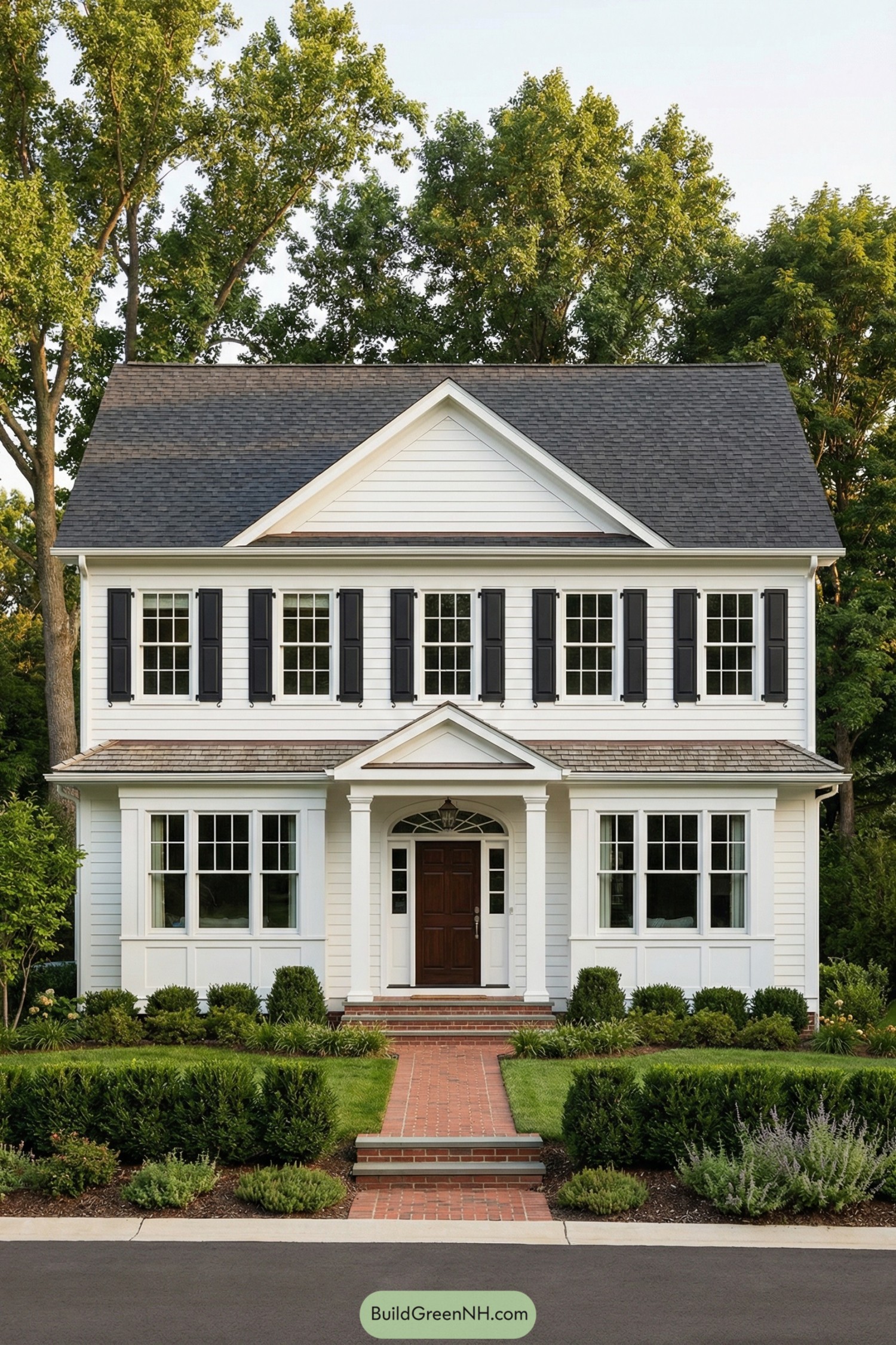 White colonial style house with dark shutters and brick walkway
