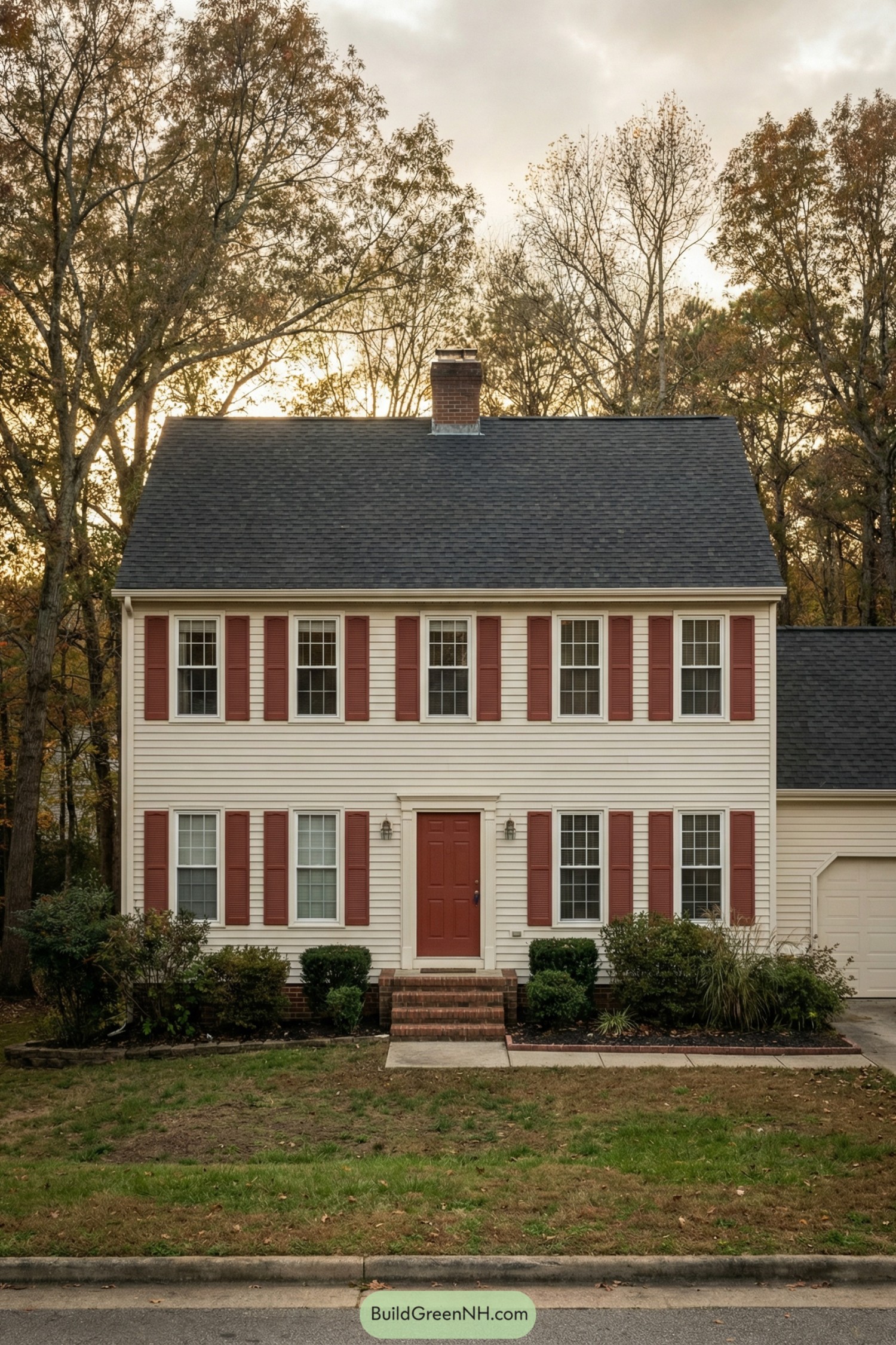 Two story cream colonial house with red shutters and central brick steps