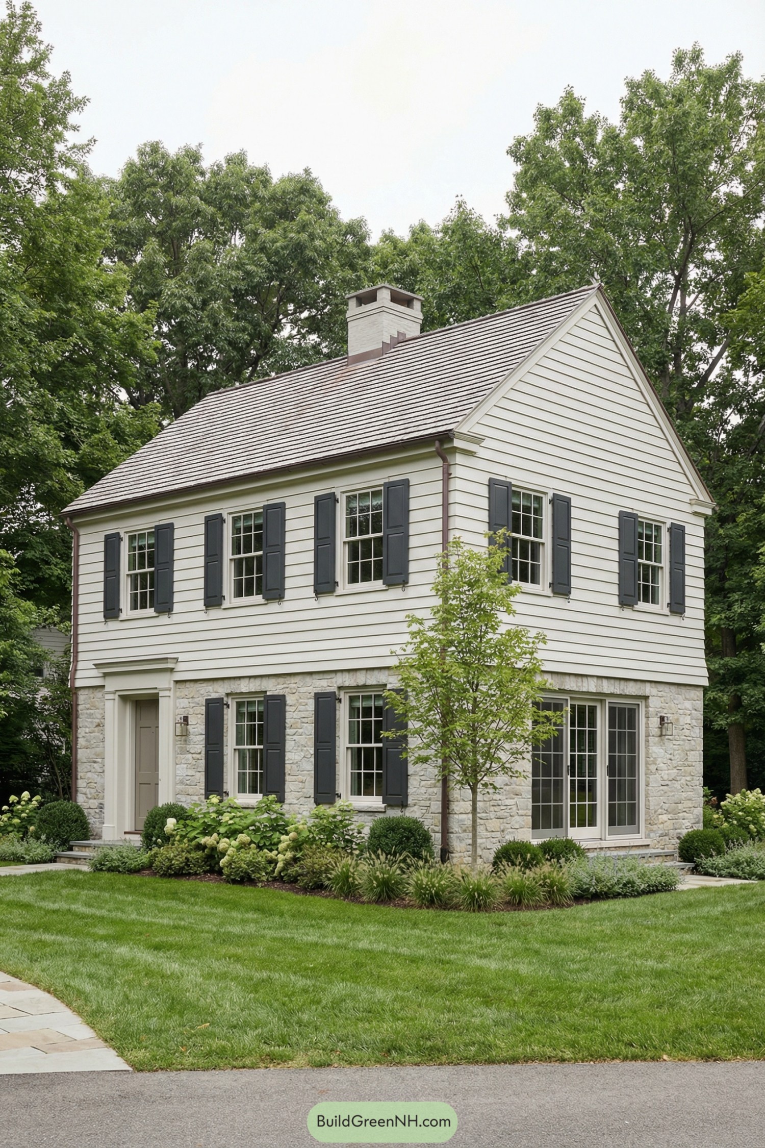 Two-story garrison colonial with stone first level and clapboard second story