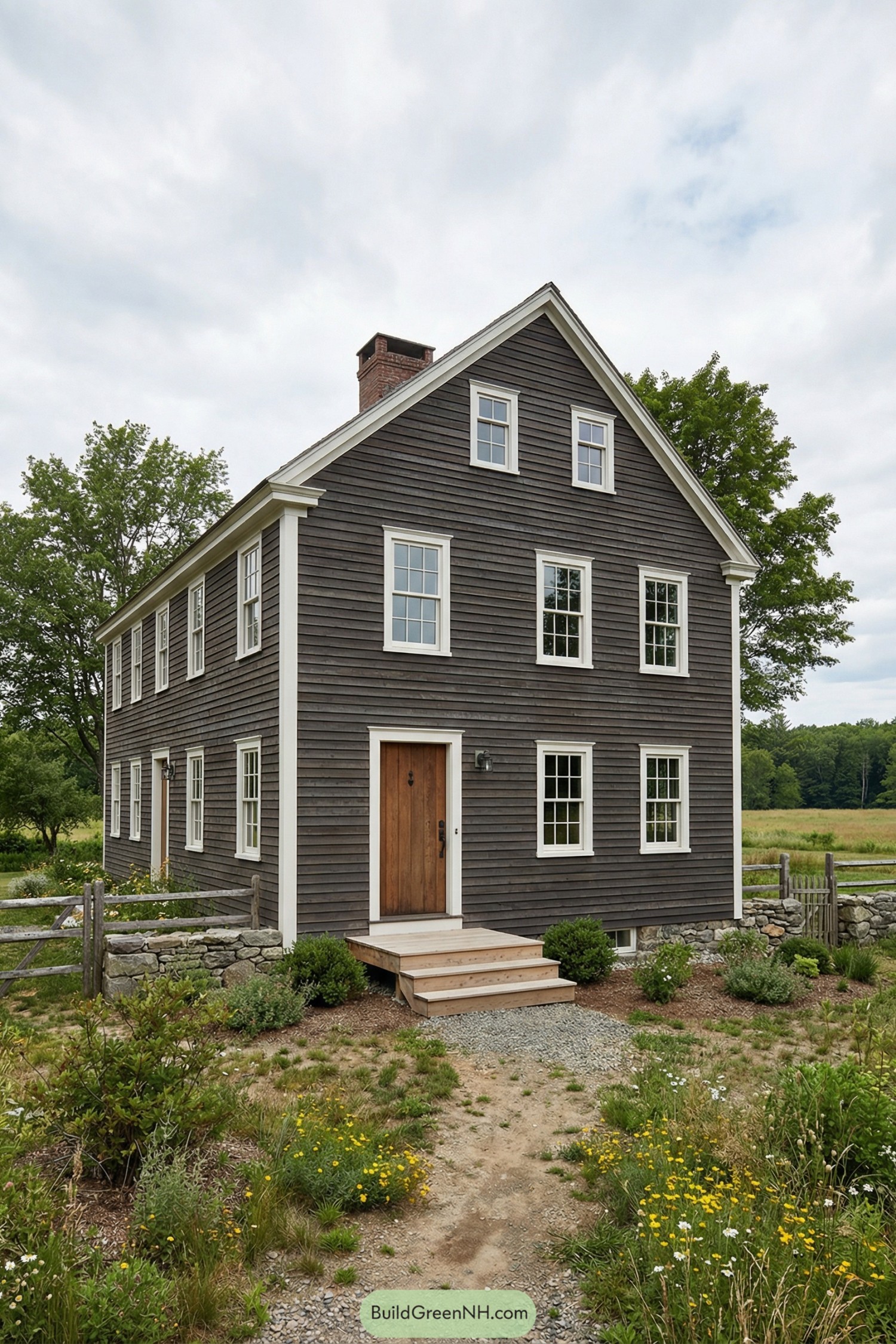 Dark wood garrison colonial farmhouse exterior