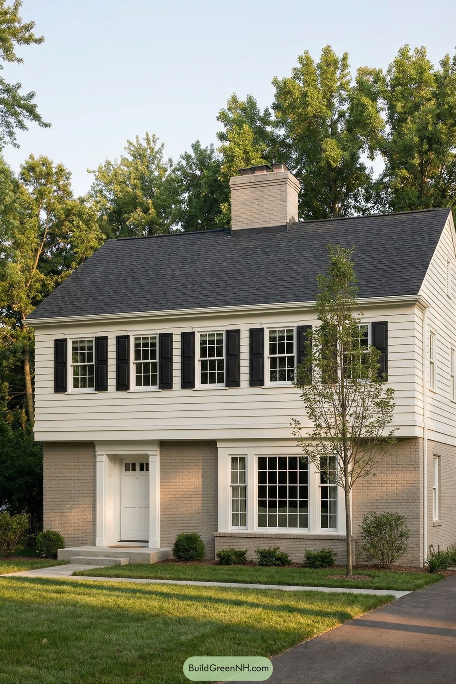 Two story garrison colonial with taupe brick first level, white clapboard upper level, black shutters, and simple front yard landscaping