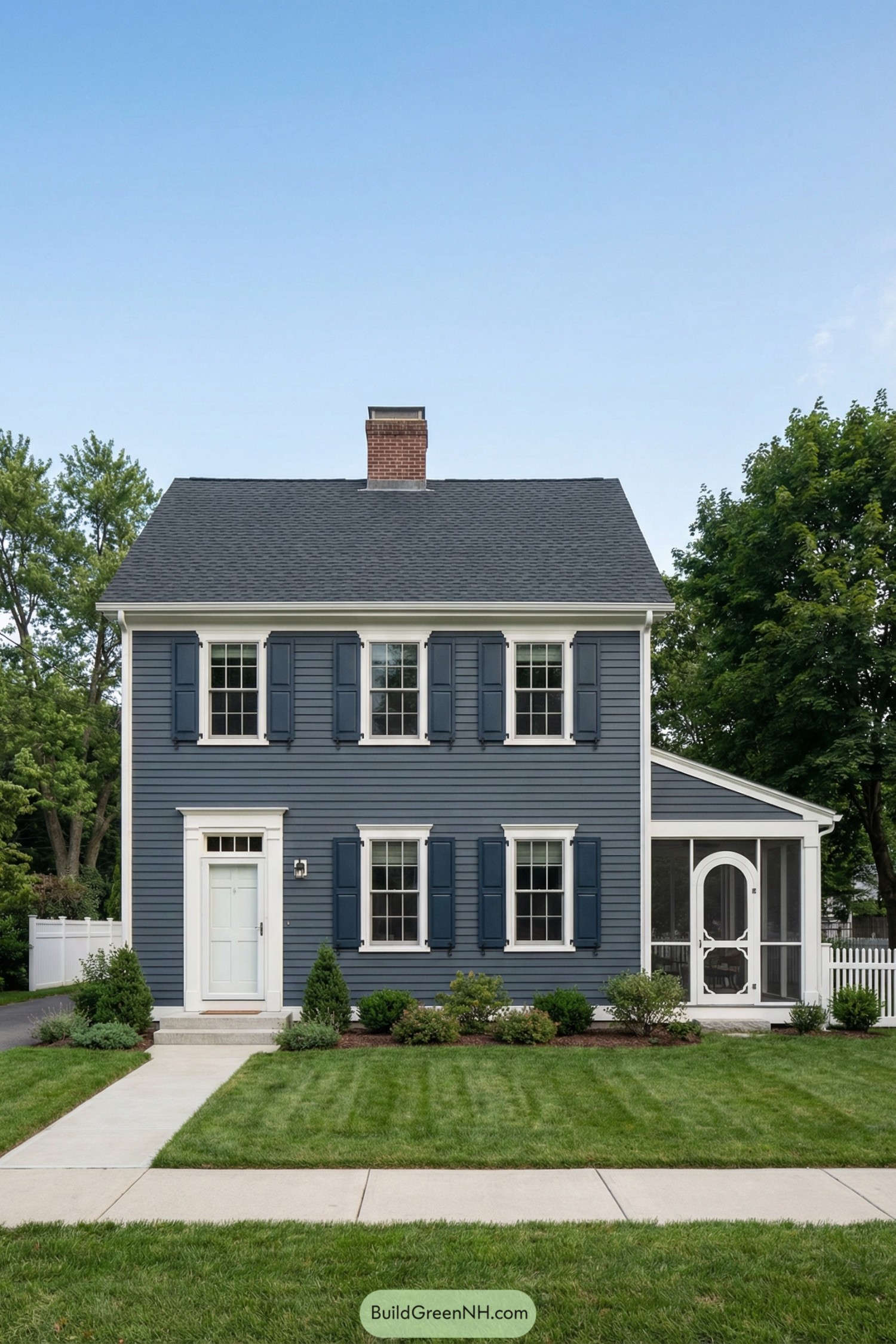 Blue garrison colonial house with central chimney and screened side porch