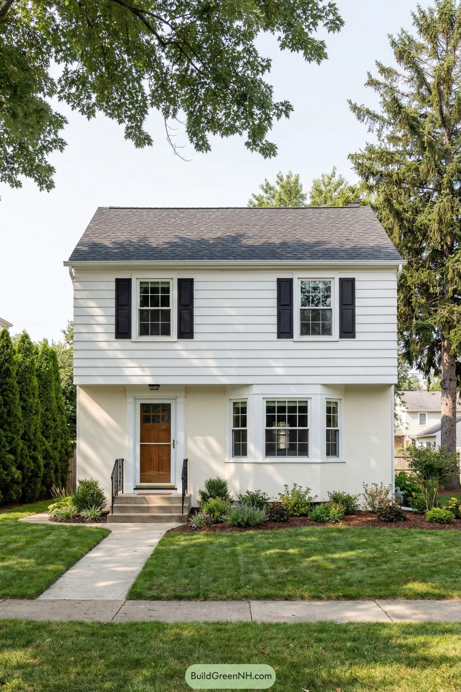 White garrison colonial house with black shutters and bay window facing a neat front lawn