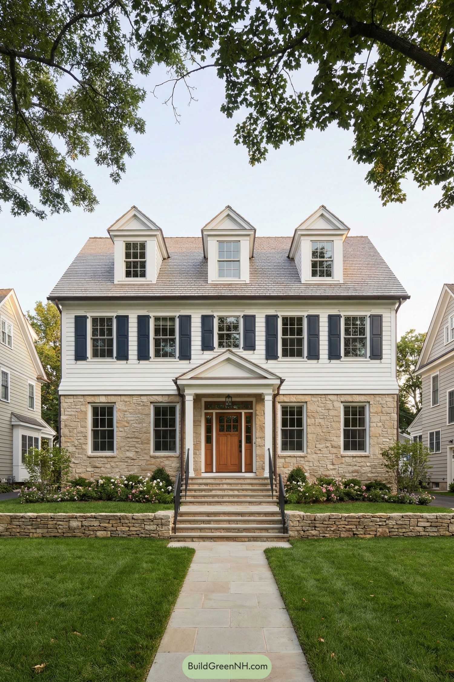 Three story garrison colonial with stone base, white siding, and blue shutters facing a manicured front lawn